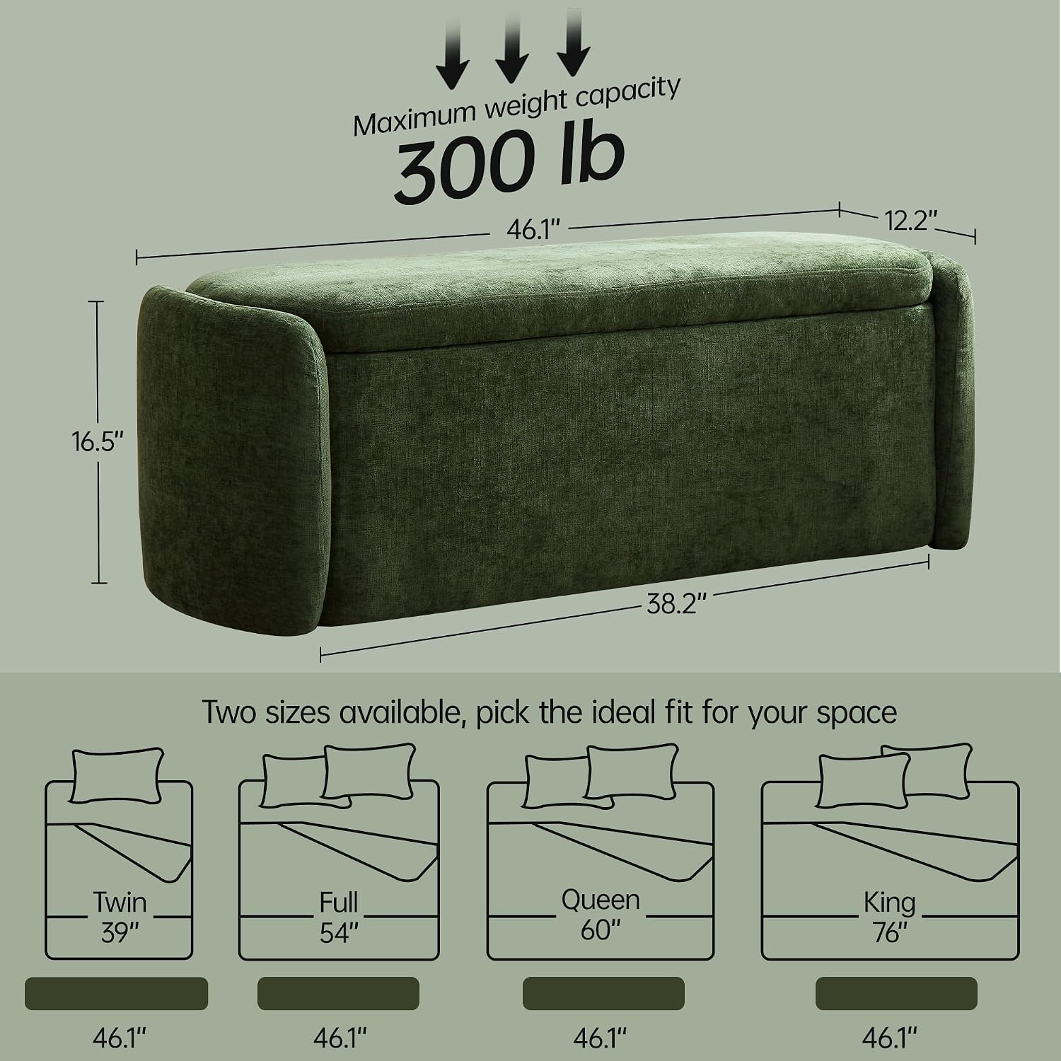 VKNOW 46" Oval Storage Ottoman Bench, Upholstered End of Bed Bench Ottomans Bench Foot Rest, Sherpa Storage Bench for Bedroom, Living Room and Hallway, Green - Image 2