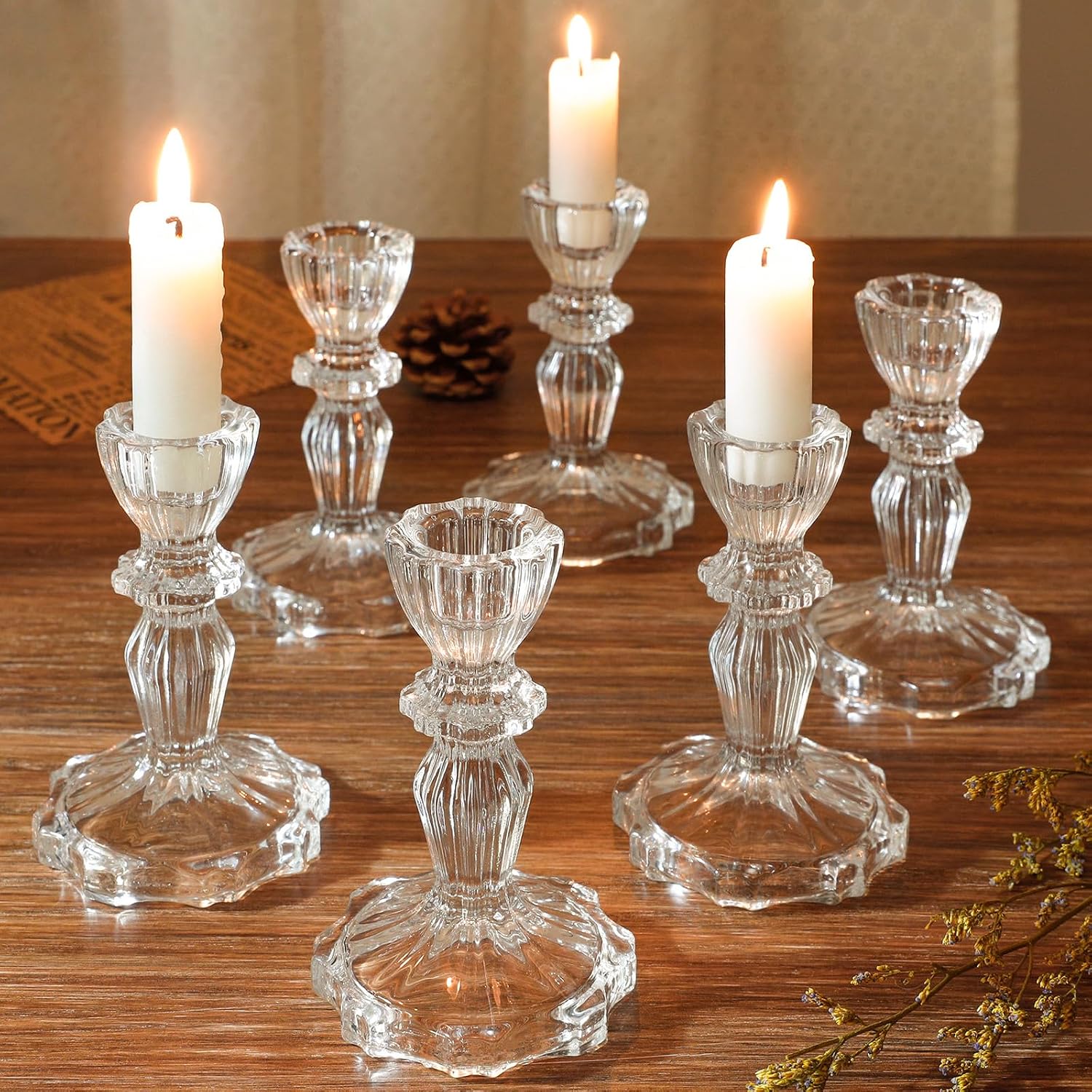 4.33" Tall Glass Candlestick Set of 6 Clear Crystal Candle Holders for Glass Taper Holder Decor for Wedding Birthday Party Christmas - Image 2