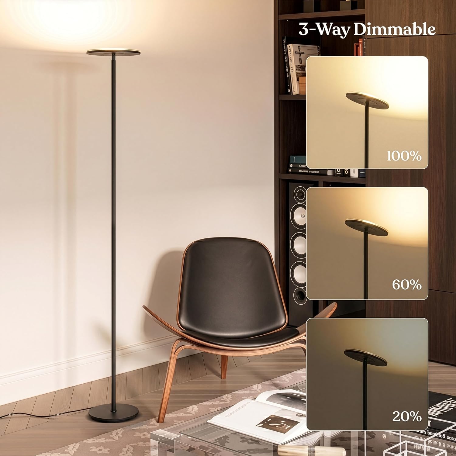 Brightech Sky LED Floor lamp, Torchiere Super Bright Floor Lamp for Living Room Decor & Office - Dimmable, Tall Standing Torch Lamp with Warm Light for Bedroom & Reading - Black - Image 3