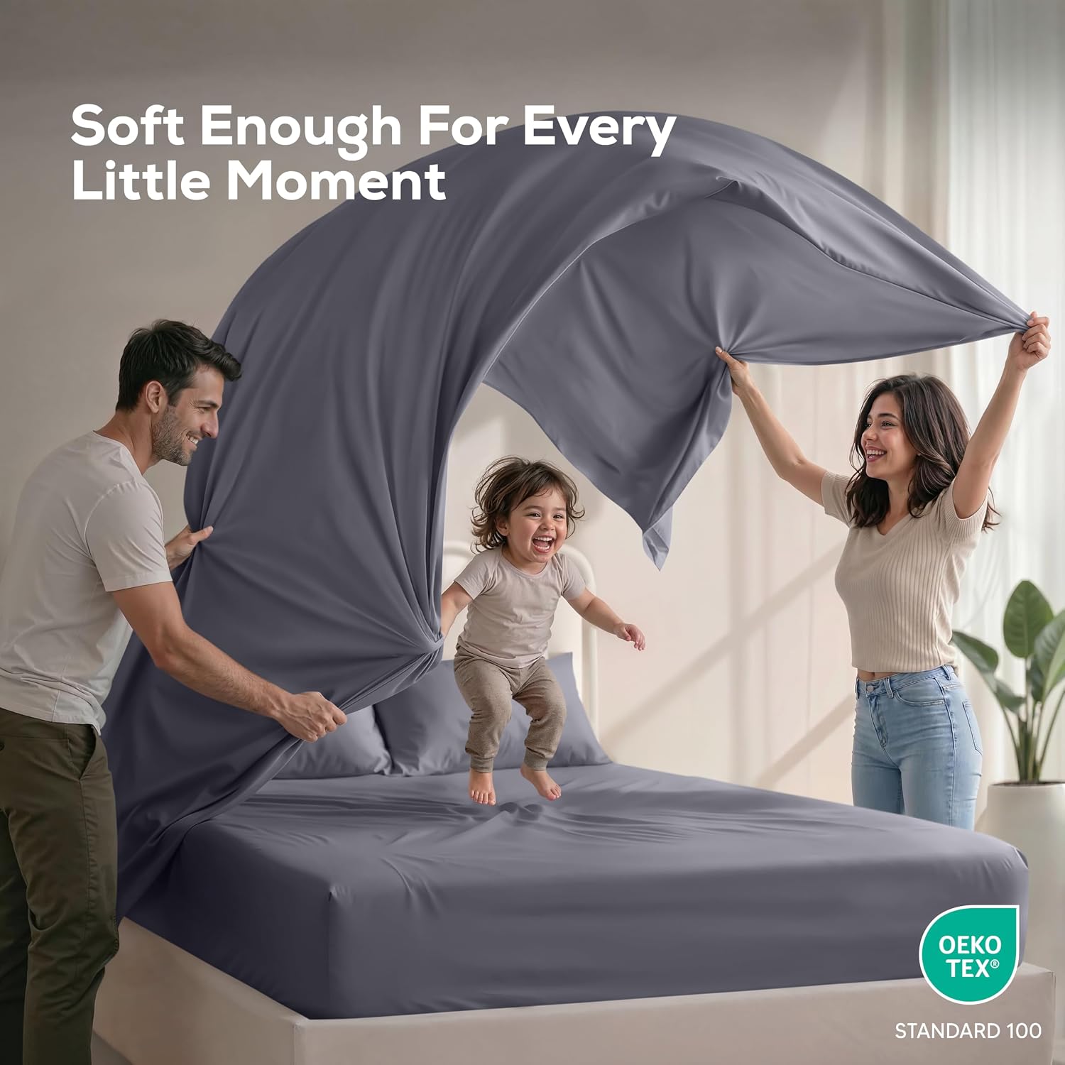 Queen Size Sheet Set – 4 Piece Bed Sheets, Soft and Breathable Microfiber, Includes 1 Fitted Sheet, 1 Flat Sheet and 2 Pillowcases – Oeko Tex (Grey) - Image 6