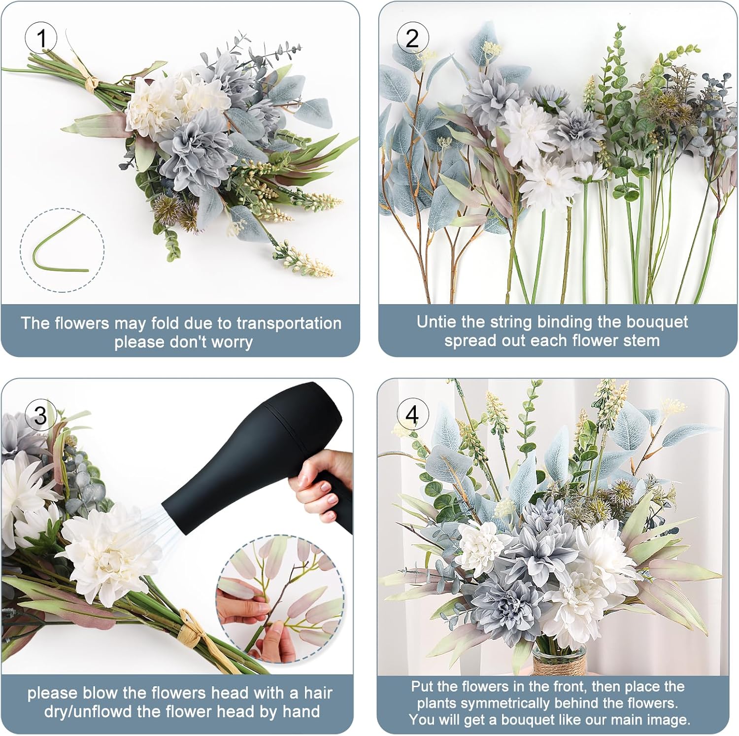 Fake Artificial Flowers Bouquet for Decoration, Silk Floral Arrangements Faux Flowers Plant Wedding Bride Bouquets Tables Centerpieces for Rustic Home Decor Indoor Vase Floral Table Decor (Blue White) - Image 7