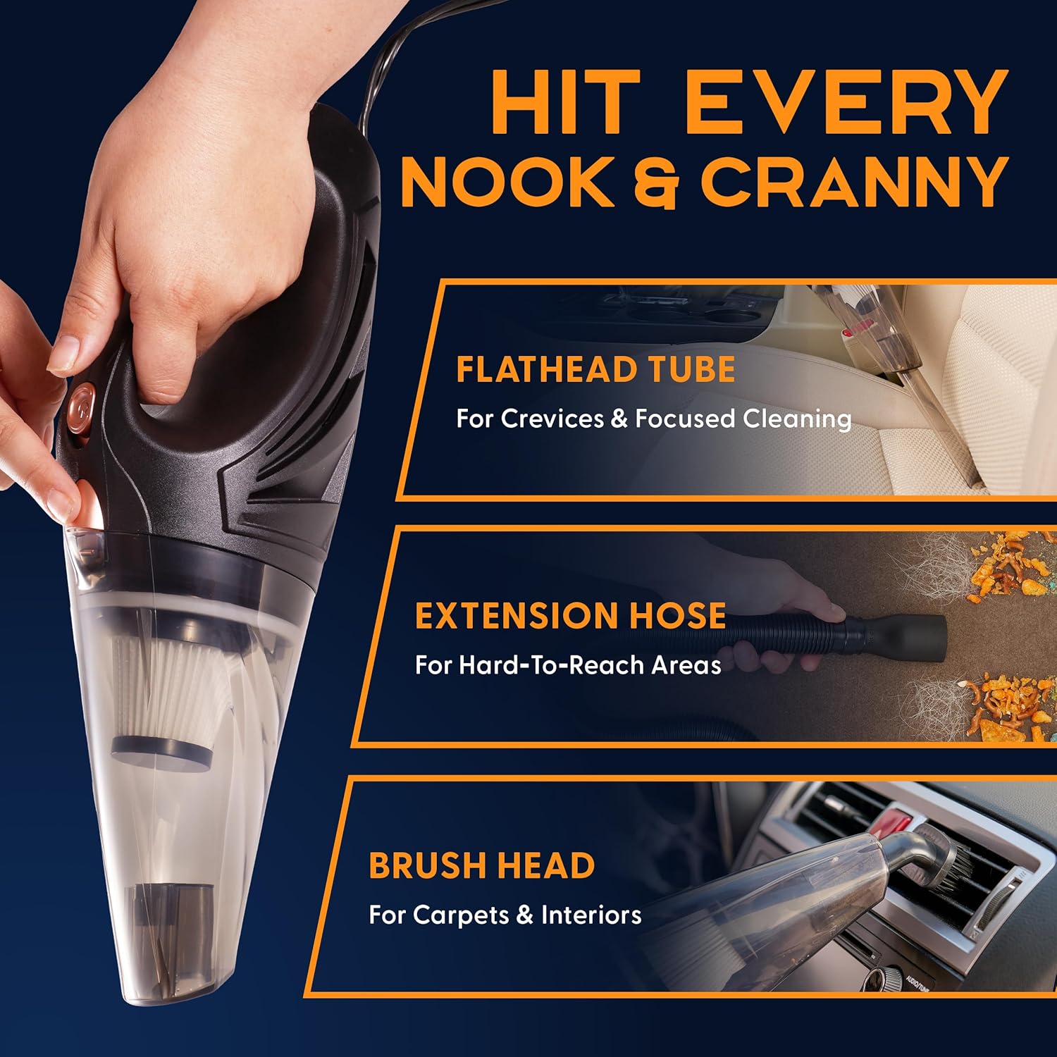 THISWORX Car Vacuum Cleaner - Portable, High Power, Handheld Vacuums w/ 3 Attachments, 16 Ft Cord & Bag - 12v, Auto Accessories Kit for Interior Detailing - Black - Image 6