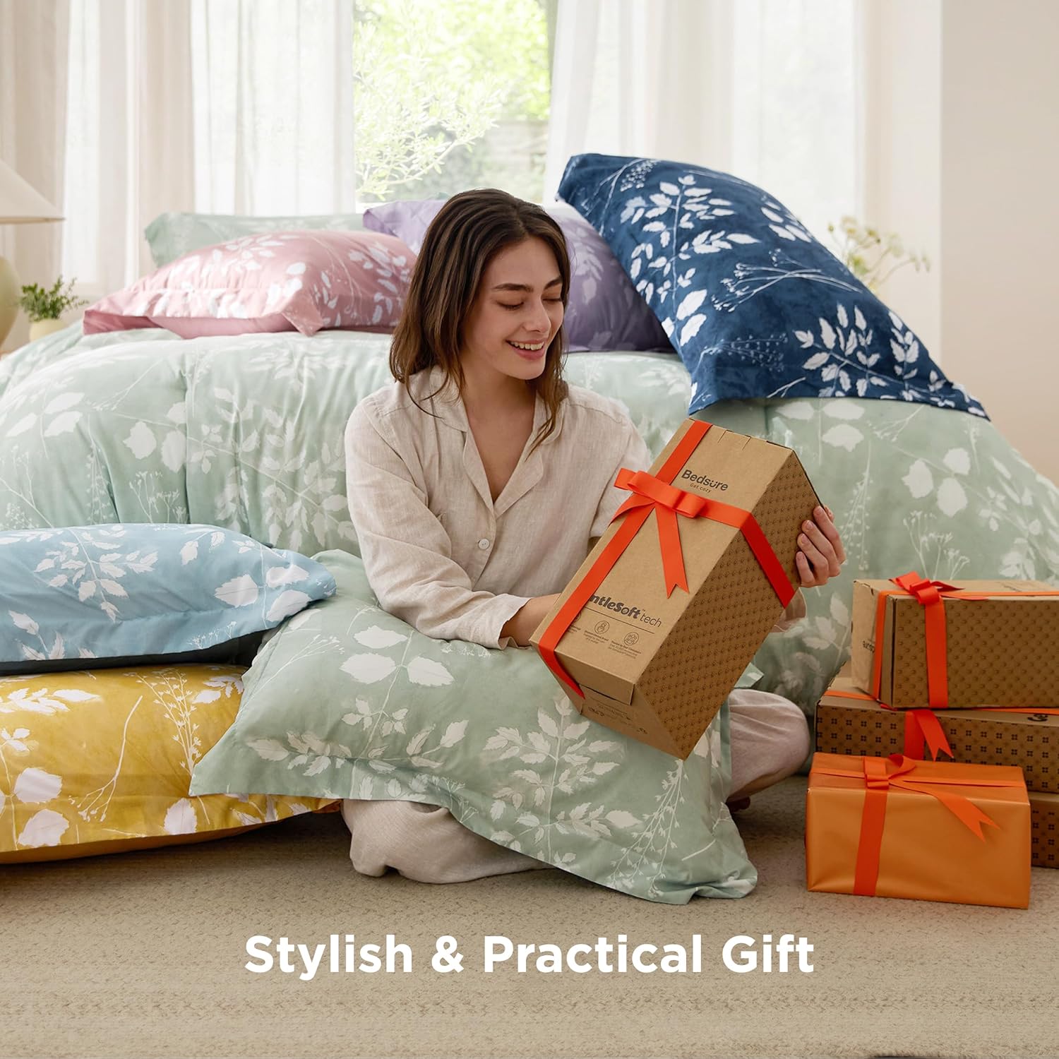Bedsure Queen Comforter Set - 7 Pieces Floral Sage Green GentleSoft™ Bedding Sets, Queen Bed in a Bag with Botanical Flowers Winter Comforter, Sheets, Pillowcases & Shams - Image 6