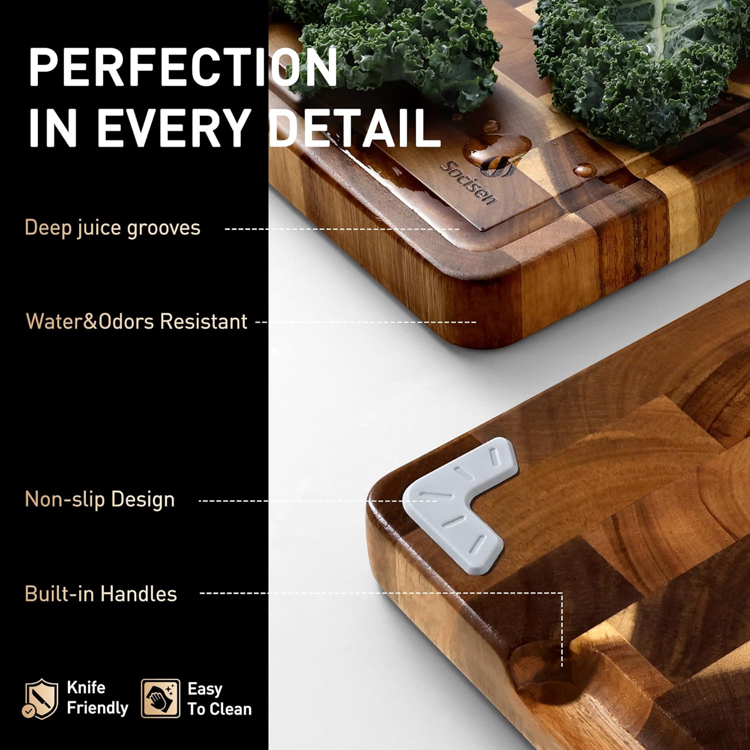 End Grain Cutting Board for Kitchen with Non-slip Feet, Acacia Wood Heavy Duty Checkered Cutting Board Upgraded Chopping Board with Juice Groove & Handle Large Wooden Butcher Block with Gift Box - Image 5