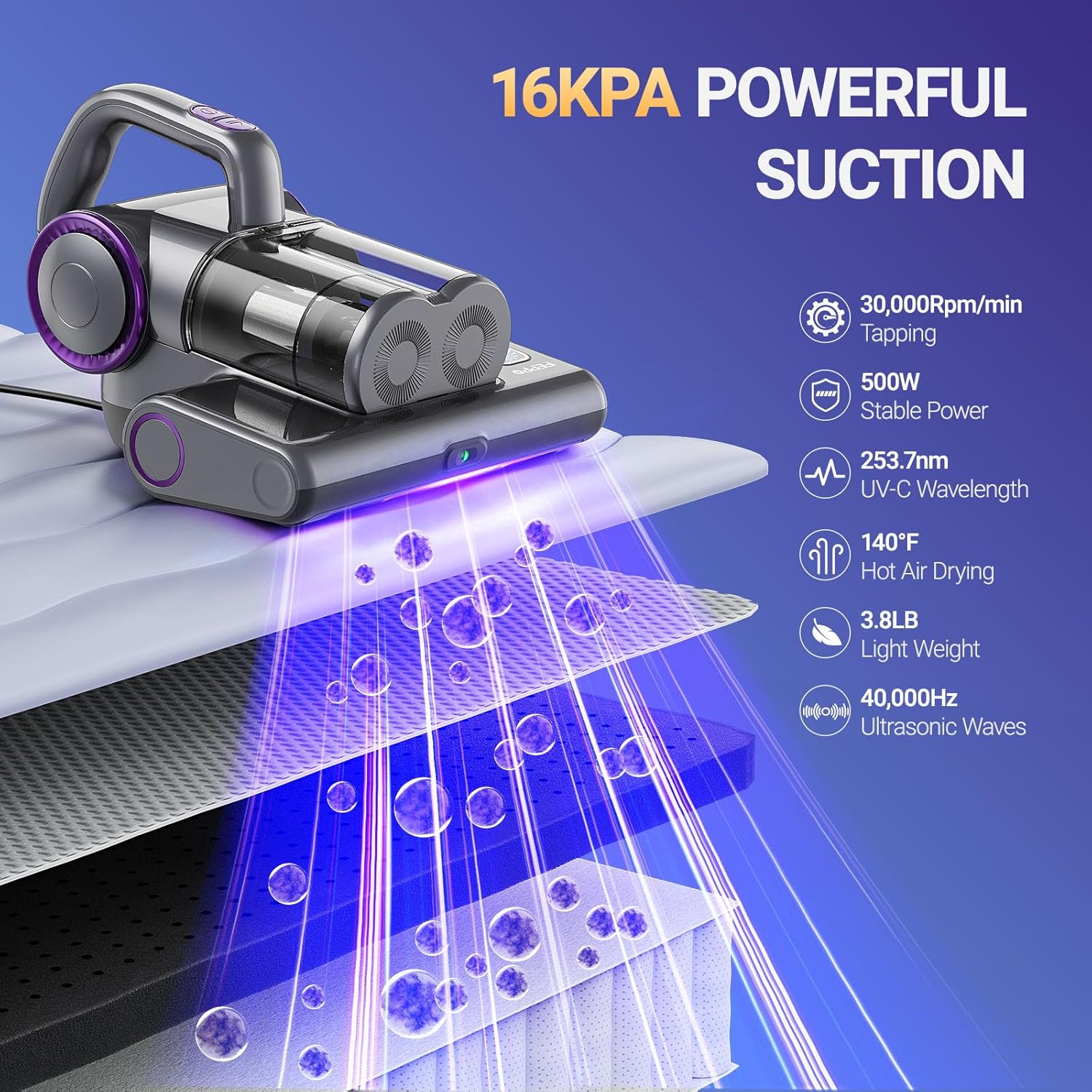 FEPPO Mattress Vacuum Cleaner, 16Kpa Bed Vacuum Cleaner with 253.7nm UV-C Light, 140°F Heat, HEPA Filter & Ultrasonic, Versatile Handheld Vacuums for Bed, Sofa, Couch, Crib(Corded, 500W) - Image 2
