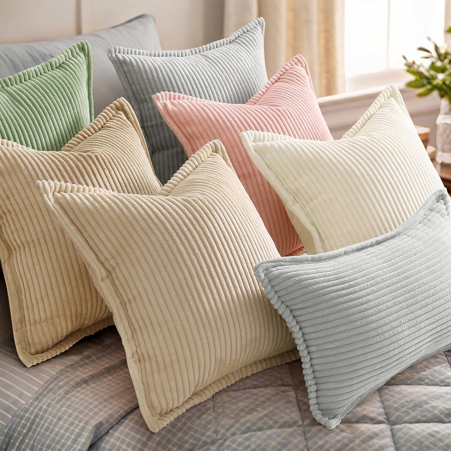 decorUhome Fall Corduroy Cream White Throw Pillow Covers 18x18 Set of 2 Decorative Soft Boho Farmhouse Couch Pillow Covers for Living Room Bed Sofa Broadside Striped Pillow Cases - Image 6