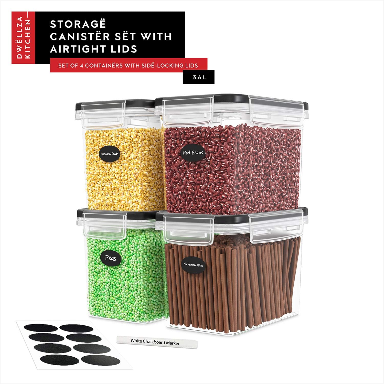 DWËLLZA KITCHEN Flour Sugar Storage Containers Set of 4; 3.6L Plastic Airtight Food Storage Containers with Lids for Kitchen Pantry Organization and Storage - Dry Food Containers, Labels & Marker - Image 7