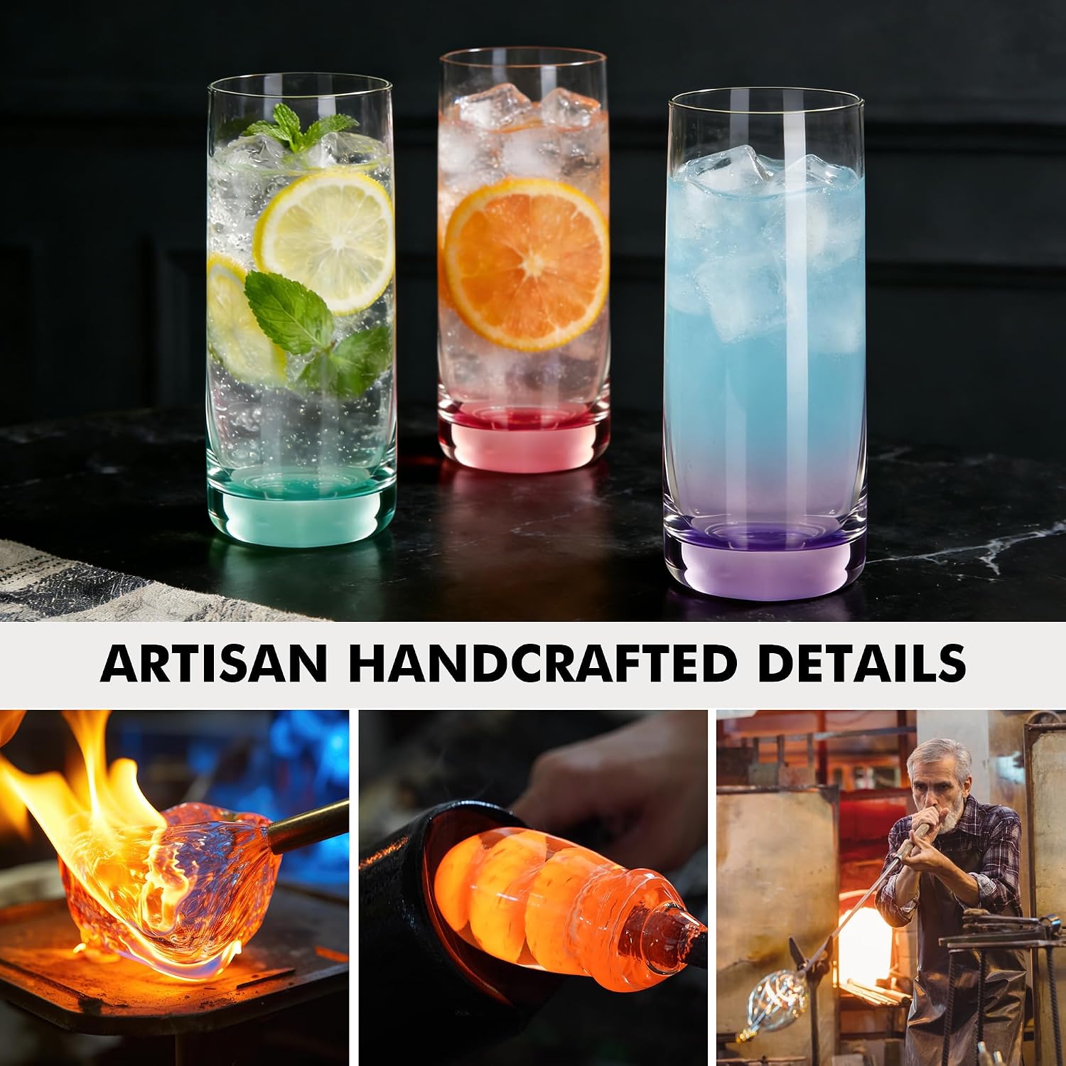 Colored Highball Glasses Set of 6,13oz Drinking Glass Cups for Mixed Drink Cocktail, Beer, Mojito, Water and Juice,Thick Tall Crystal Glassware for Kitchen, Restaurant, Home Bar and Parties - Image 8