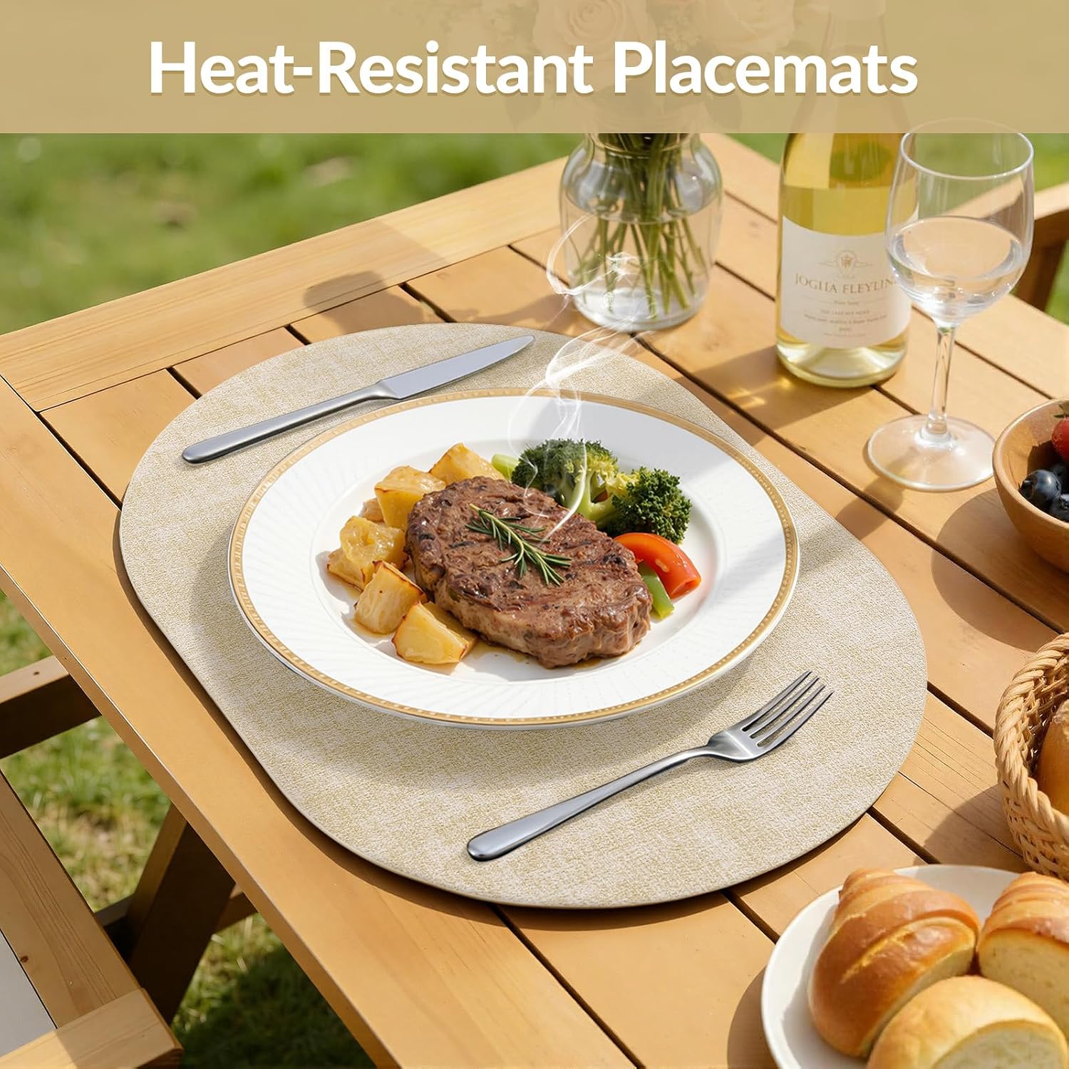 homing Placemats Set of 6, Heat Resistant Oval Faux Leather Place Mats 11.8 x 17 Inch, Waterproof Wipeable Reversible PU Placemat for Kitchen Dining Table, Indoor & Outdoor, Beige - Image 4