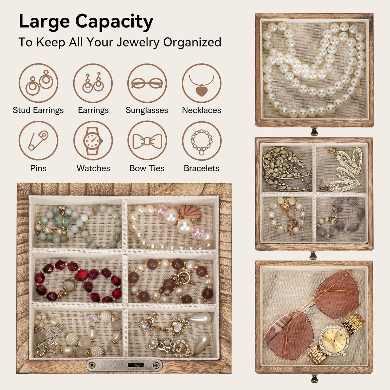 Miratino Jewelry Boxes for Women, 5 Layer Large Wooden Jewelry Organizer Box with Lock, Mirror & Drawers, Jewelry Boxes & Organizers for Necklaces Earrings Rings Bracelets (Rustic Brown) - Image 6