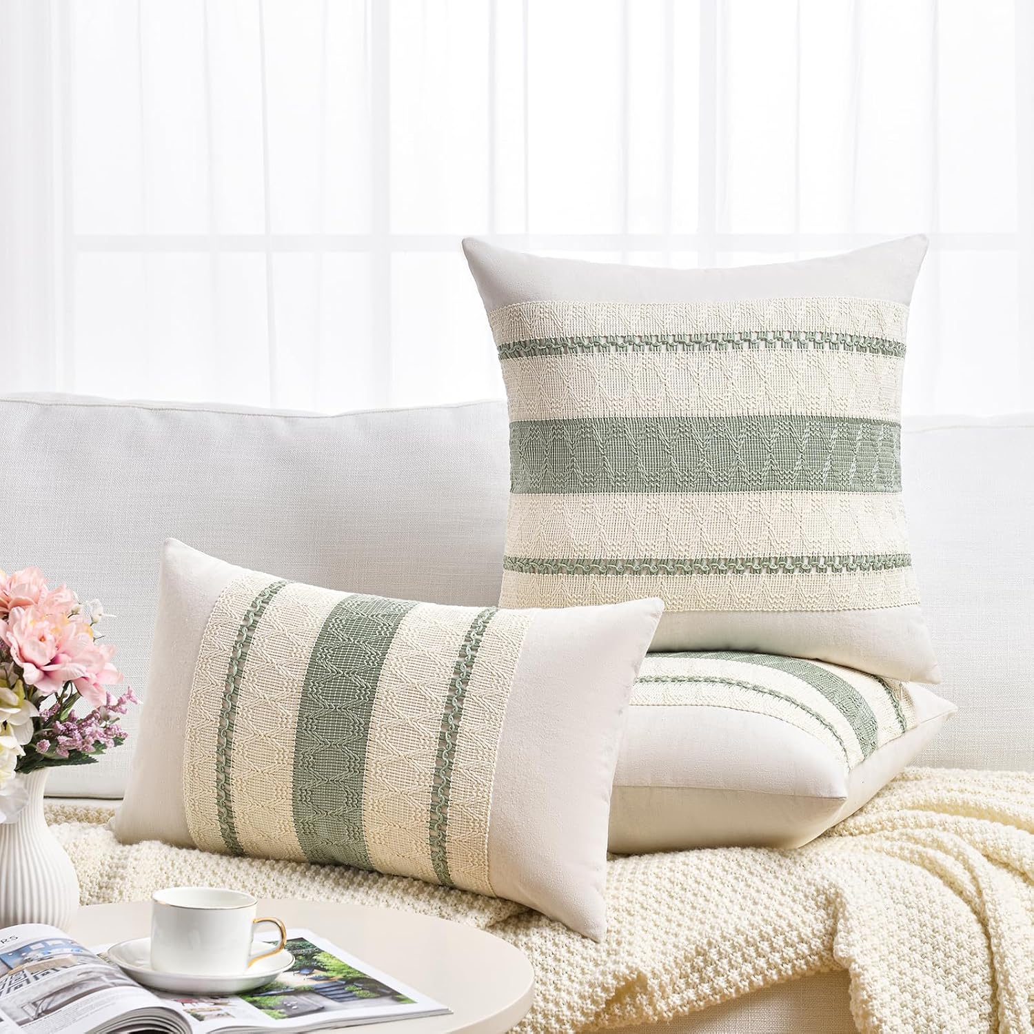 Fancy Homi Set of 1 Sage Green Boho Lumbar Decorative Throw Pillow Covers 12x20 Inch for Living Room Bedroom Couch Bed Chair, Rustic Retro Cushion Case, Bohemian Room Home Decor - Image 6