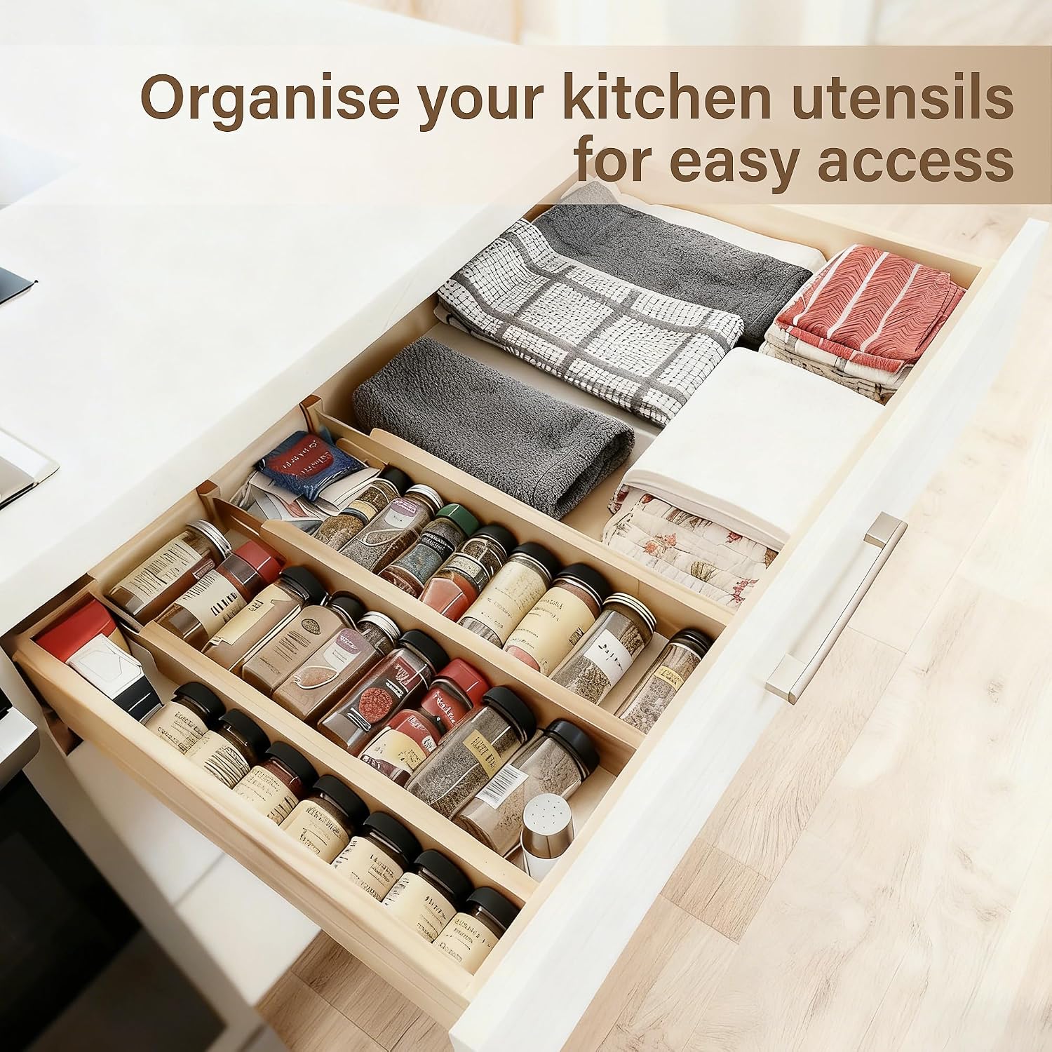 Bamboo Drawer Divider Set of 8, Adjustable Spring-Loaded Drawer Organizer (16.9"-22.2"), 2.3" Height, Suitable for Kitchen, Desk, Bathroom, Clothing, and Miscellaneous Drawer Organization, Natural - Image 4