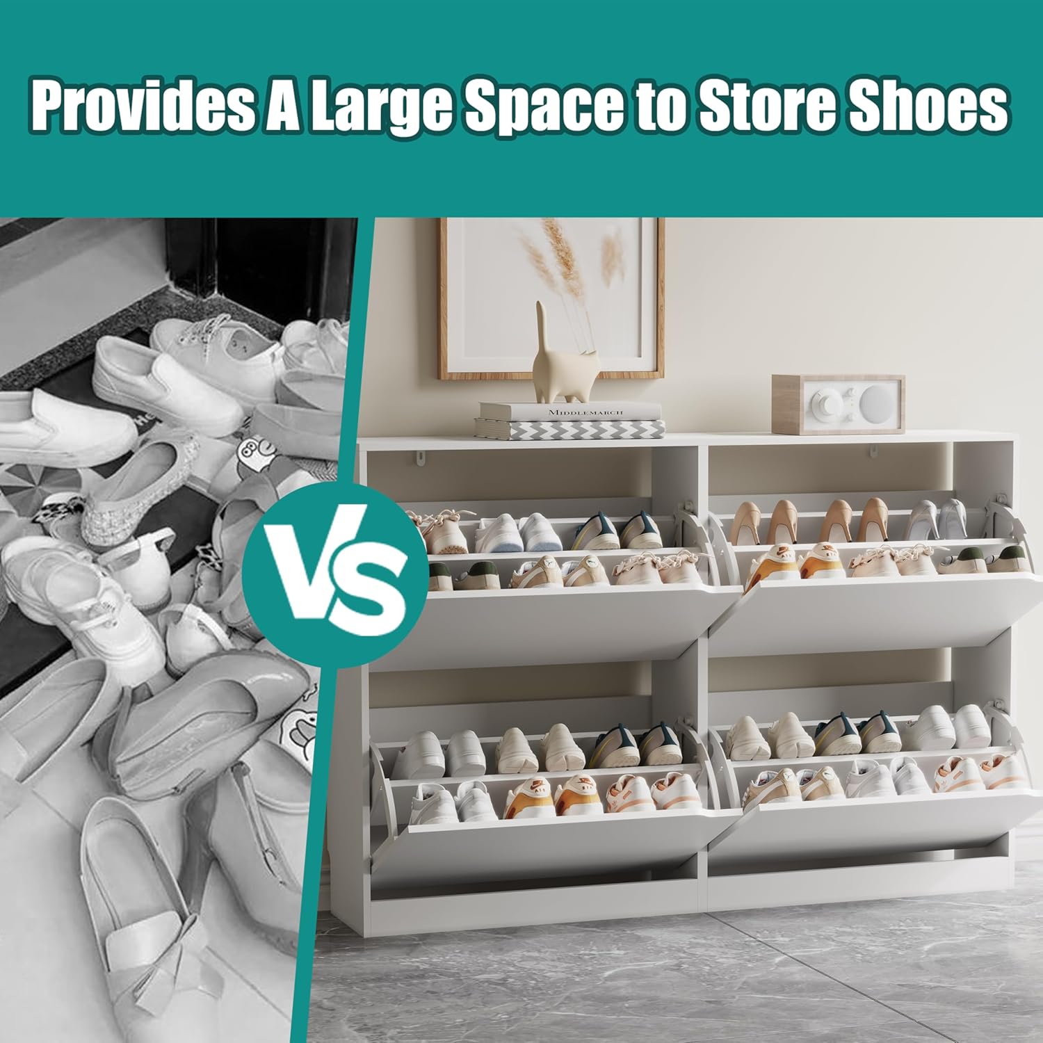 Xixini Shoe Storage Cabinet for Entryway with 4 Flip Drawers, Sturdy Wood Hidden Shoe Storage, Freestanding Narrow Slim Shoe Organizer for Front Door Entrance, Living Room, Hallway, Bedroom, White - Image 5