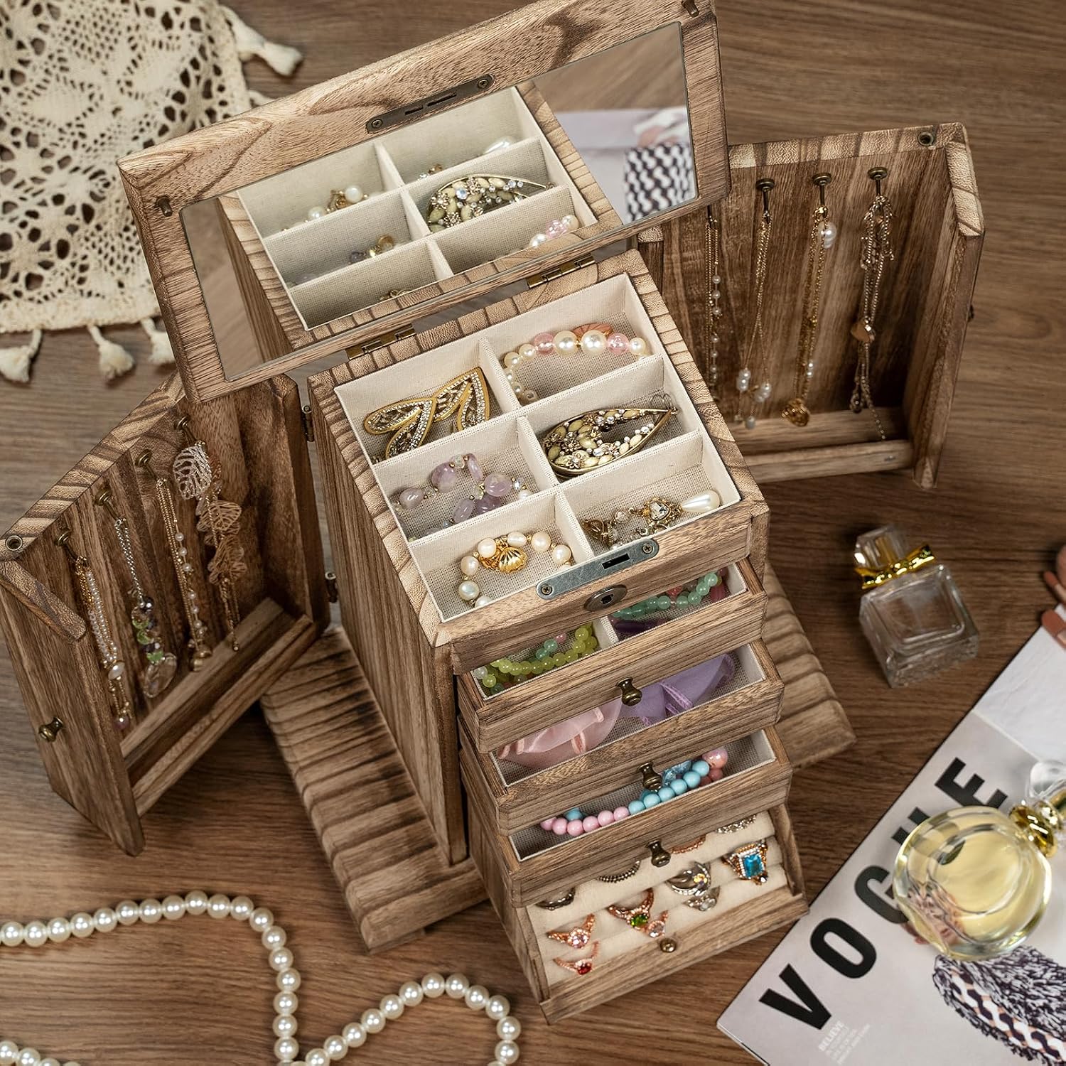 Miratino Jewelry Boxes for Women, 5 Layer Large Wooden Jewelry Organizer Box with Lock, Mirror & Drawers, Jewelry Boxes & Organizers for Necklaces Earrings Rings Bracelets (Rustic Brown) - Image 5