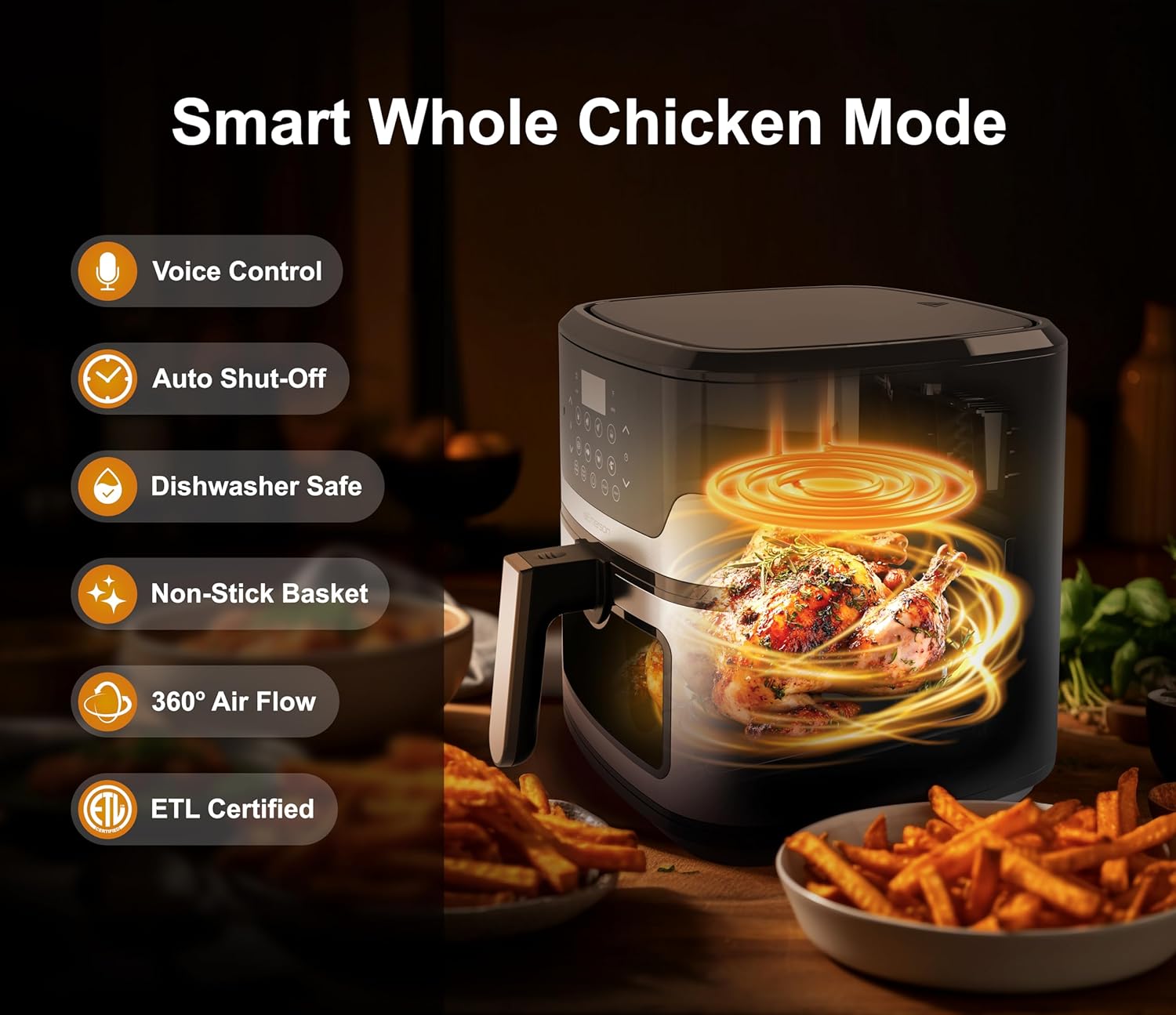 Emerson SmartVoice 5.3QT Air Fryer, 1000+ Voice Commands, 6-in-1 Digital Cooker, Compact Countertop Design, Oil-Free Healthy Cooking, Easy-Clean Nonstick Basket, 1500W - Image 5