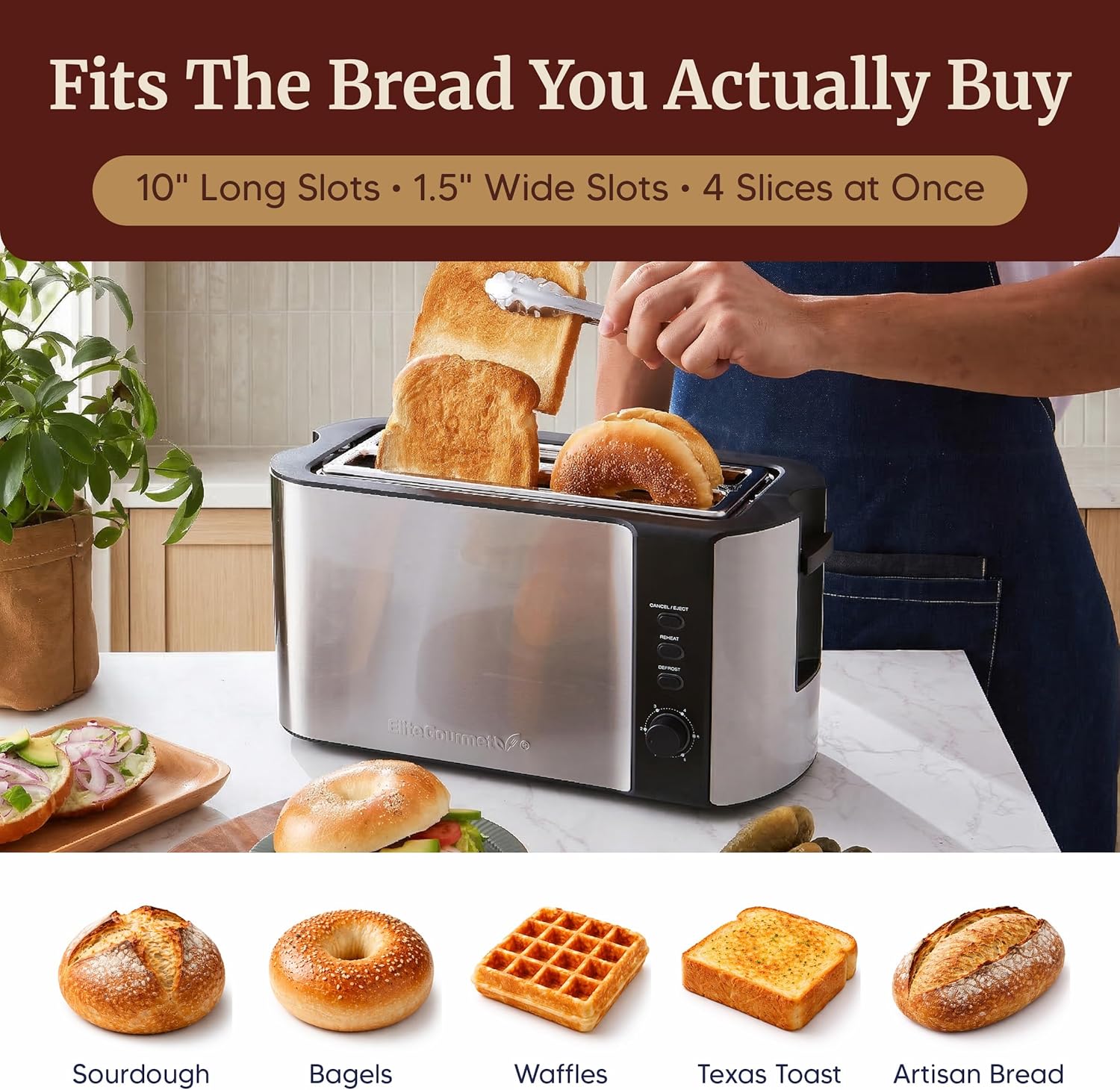 Elite Gourmet ECT-3100 4-Slice Long Slot Toaster | Extra Wide Slots for Bagels, Sourdough & Texas Toast | 6 Browning Settings | Reheat, Defrost & Cancel | Built-In Warming Rack | Stainless Steel - Image 3