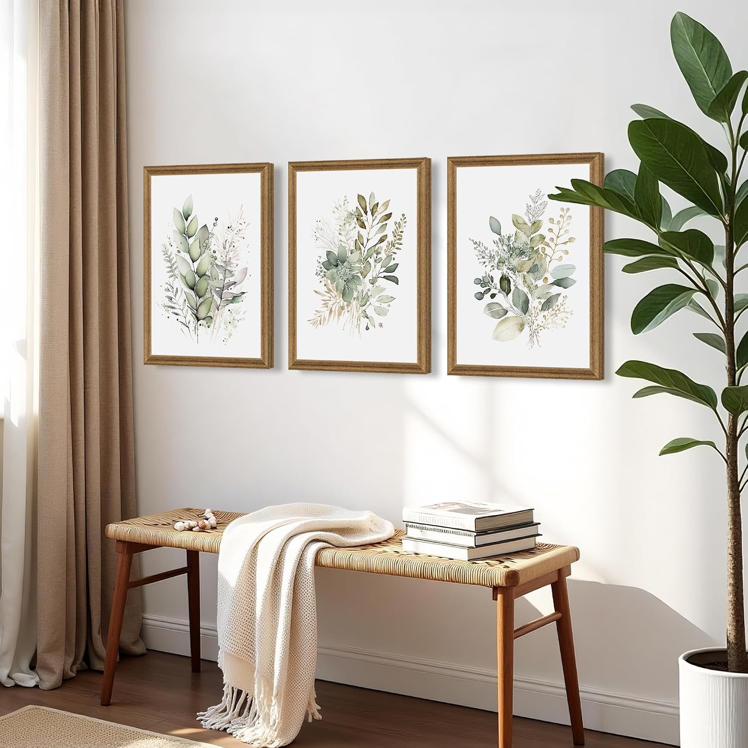 WRFON Framed Sage Green Botanical Wall Art Set of 3, Watercolor Eucalyptus & Wild Plant Canvas Prints, Minimalist Green Wall Decor for Living Room Bedroom Bathroom, 12x16 Inches - Image 5