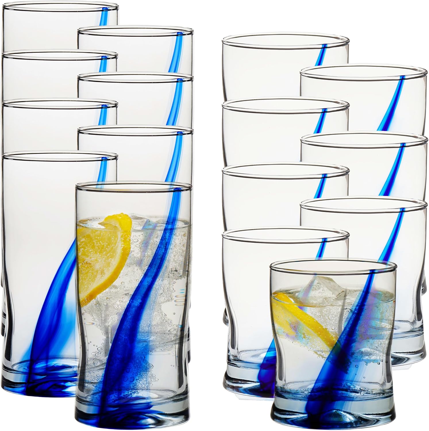 Libbey Tumbler and Rocks Glasses Drinking Set, Unique Blue Ribbon Drinking Glasszes for Dining, Dishwasher Safe Bar Glassware Set