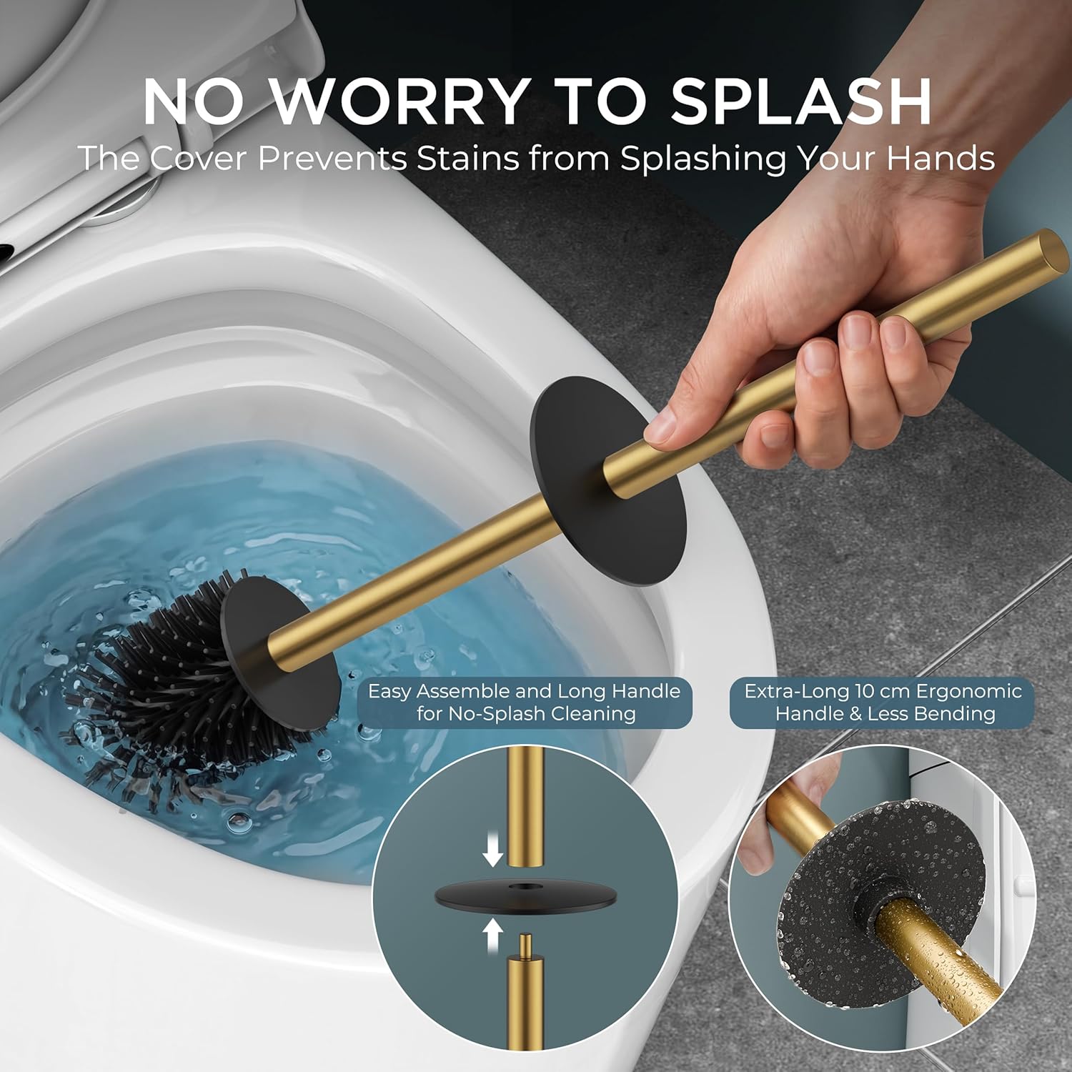 FORIOUS Toilet Brush and Holder Set, SUS304 Stainless Steel Square Base, Extended Long Handle, Drip-Proof & Space Saving, 2 Replaceable Brush Heads, Plastic & Silicone Dual Brush Head, Drak Gold - Image 2