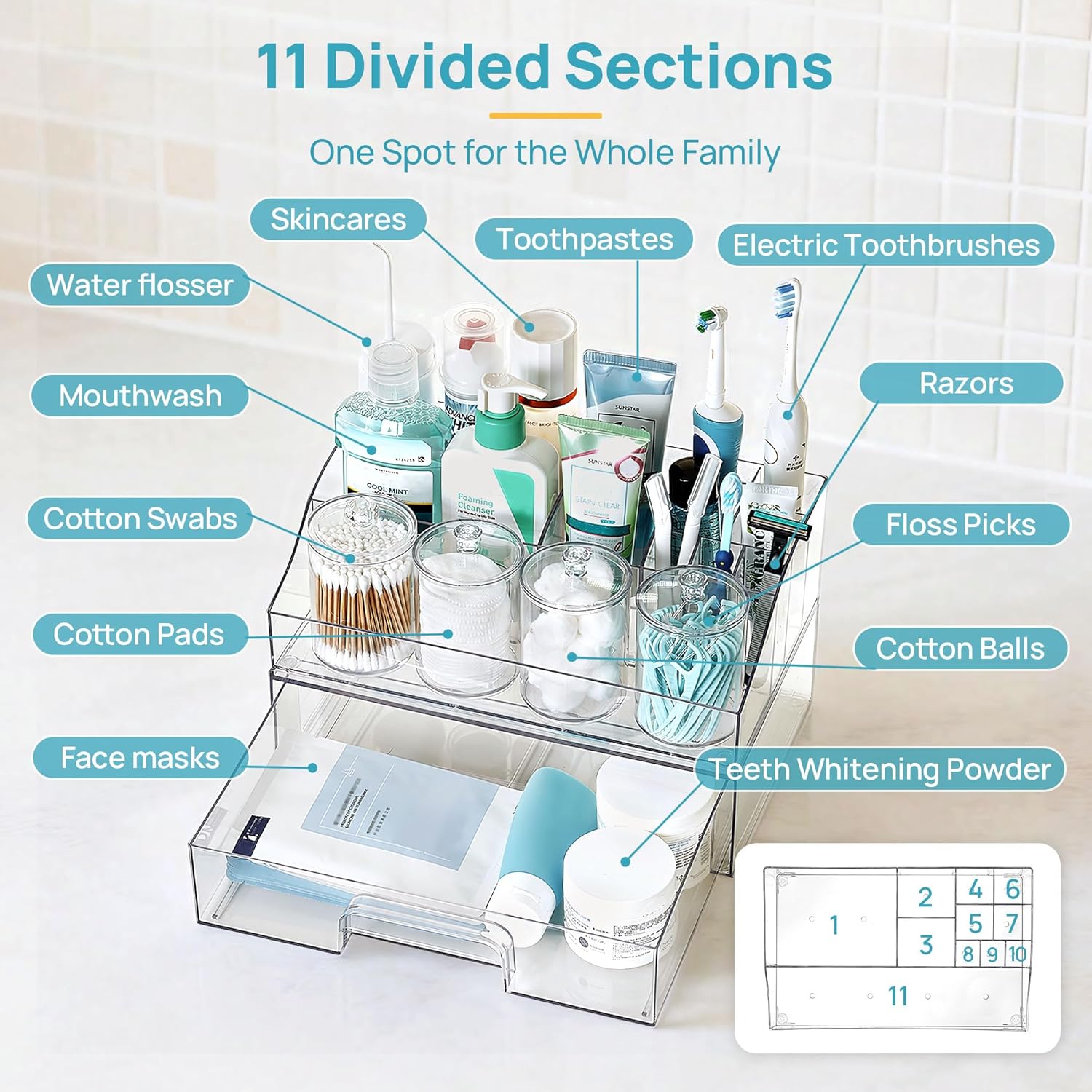 Vtopmart 6 PCS Bathroom Countertop Organizer, 1 Divided Tray with 4 Qtip Holder Jars and 1 Drawers, Restroom Clear Organizers for Toothbrush, Cotton Pads, Vanity Accessories Storage Set - Image 3