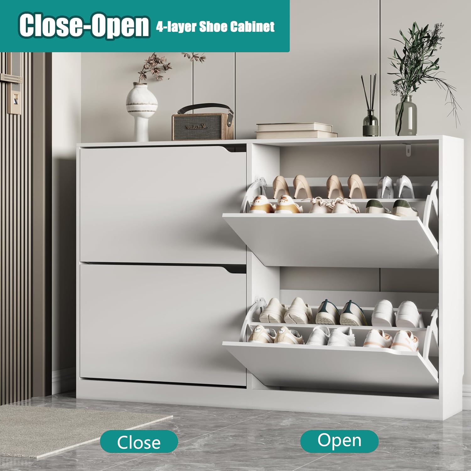 Xixini Shoe Storage Cabinet for Entryway with 4 Flip Drawers, Sturdy Wood Hidden Shoe Storage, Freestanding Narrow Slim Shoe Organizer for Front Door Entrance, Living Room, Hallway, Bedroom, White - Image 3