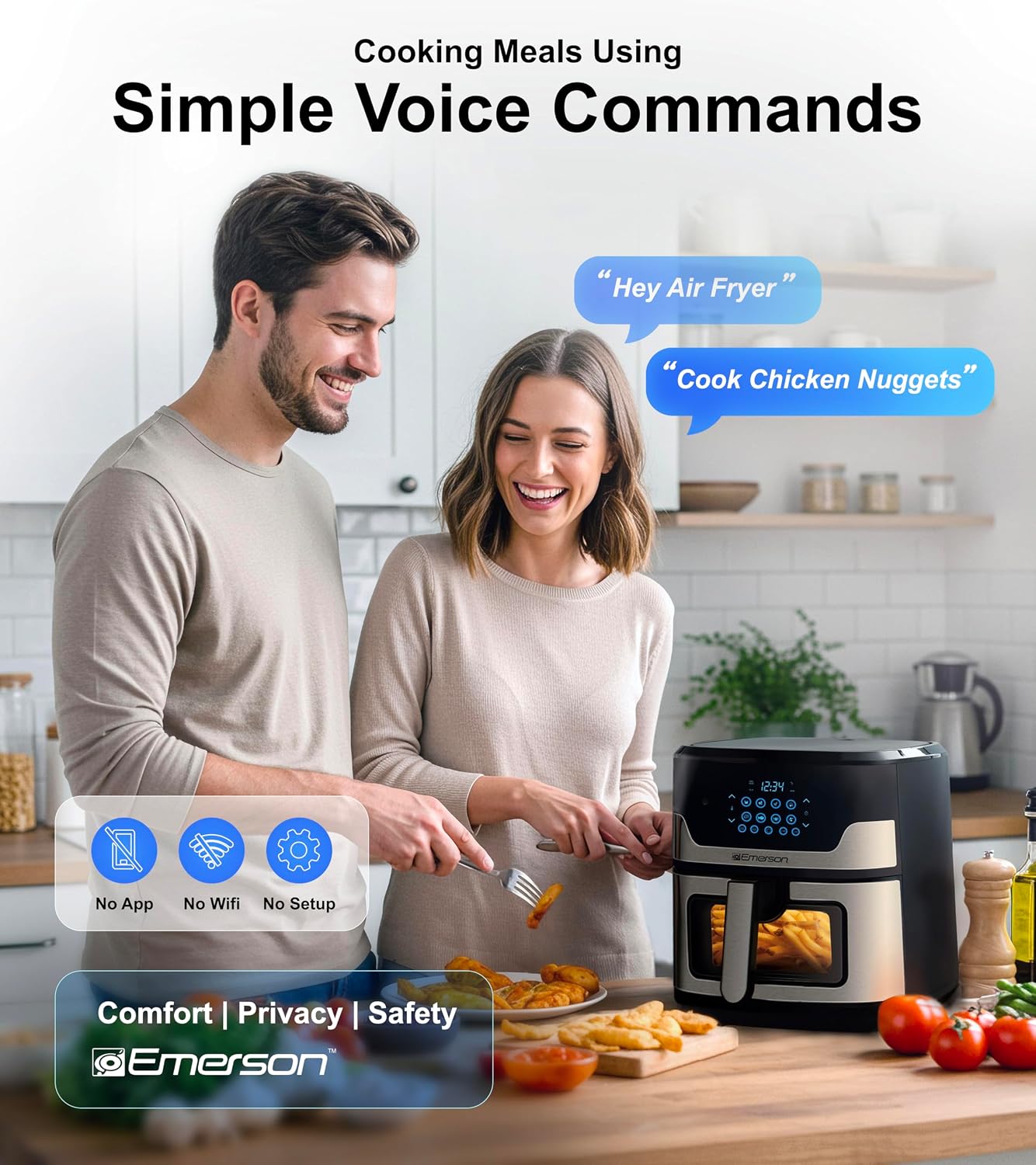 Emerson SmartVoice 5.3QT Air Fryer, 1000+ Voice Commands, 6-in-1 Digital Cooker, Compact Countertop Design, Oil-Free Healthy Cooking, Easy-Clean Nonstick Basket, 1500W - Image 2