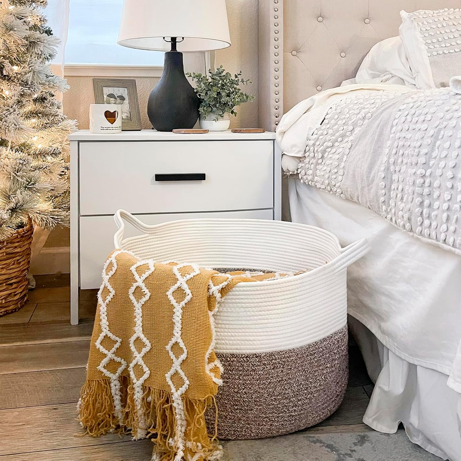 INDRESSME XXXLarge Blanket Basket for Living Room 21.7" x 21.7" x 13.8"-Storage Basket with Handle for Organizing Toy Pillows Woven Cotton Rope Laundry Basket Stuffed Animal Toy Storage for Play Room - Image 2