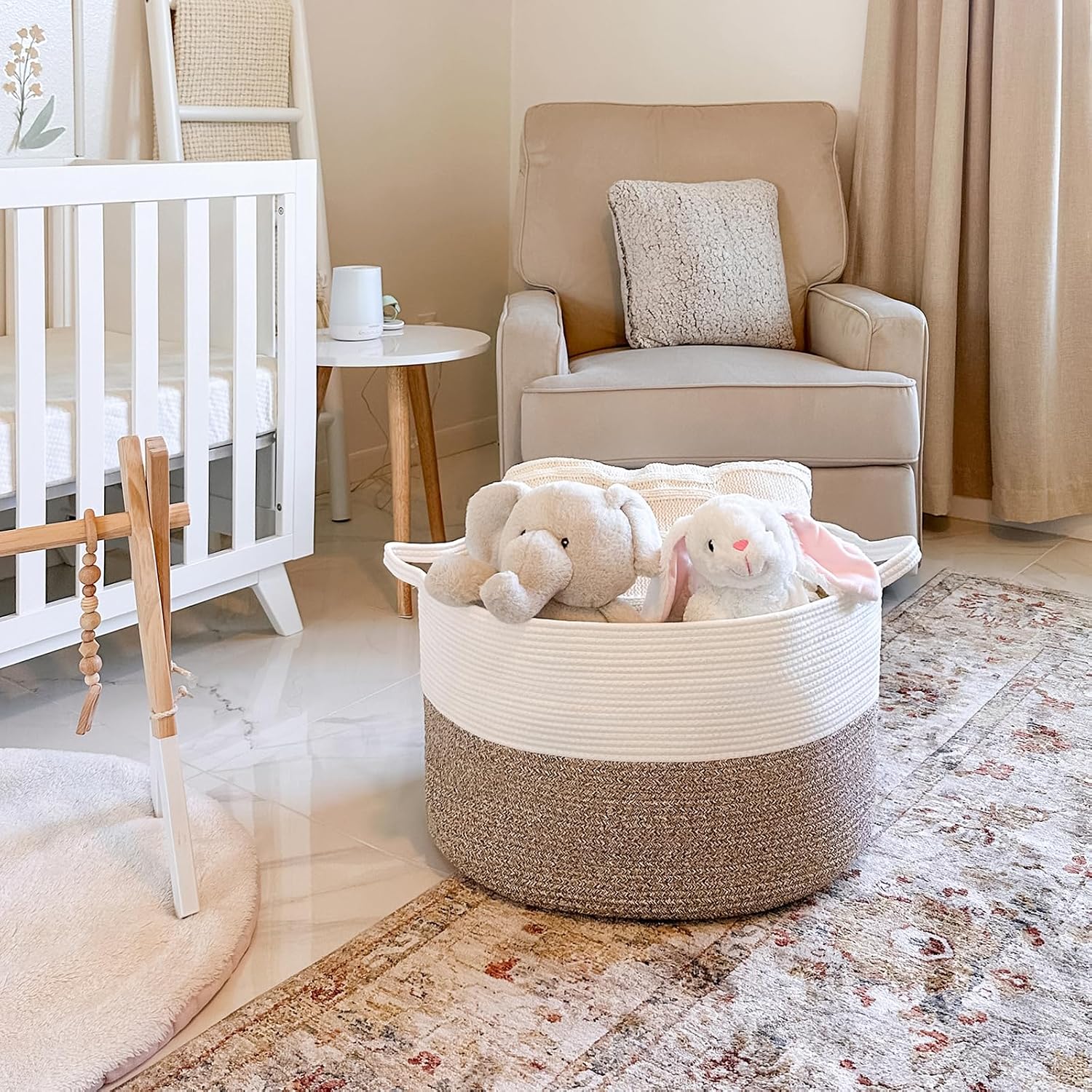 INDRESSME XXXLarge Blanket Basket for Living Room 21.7" x 21.7" x 13.8"-Storage Basket with Handle for Organizing Toy Pillows Woven Cotton Rope Laundry Basket Stuffed Animal Toy Storage for Play Room - Image 6