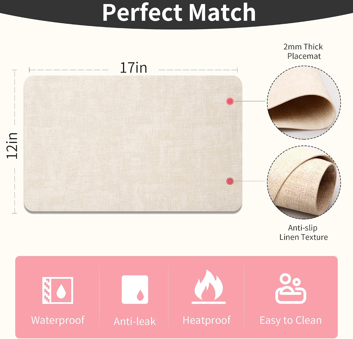 Maxpearl Faux Leather Placemats Set of 6 - Waterproof - Wipe Clean - Heat Resistant - Anti Slip Dining Table Place Mats, Suitable for Indoor & Outdoor Use, 17’’×12’’, Beige - Image 8