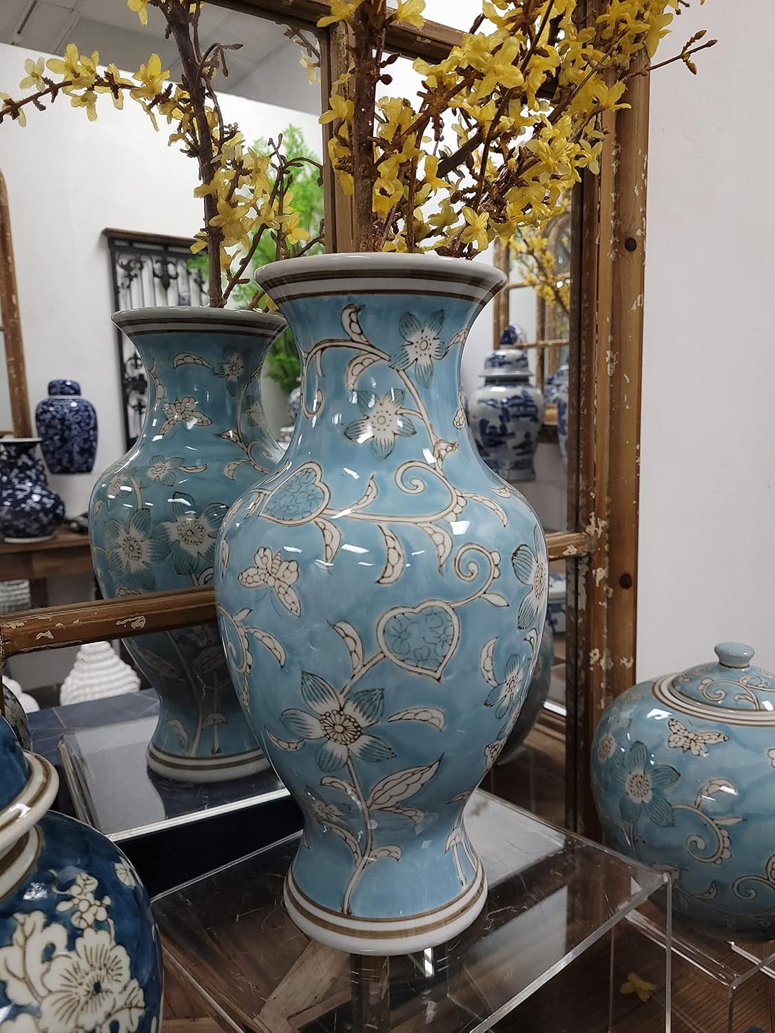 Galt International Light Blue and White Flower & Heart Chinoiserie Ceramic Vase 14"- Hand Painted Antique Style Porcelain Flower Bottle Fishtail Porcelain Chinese Vase for Home Decor Centerpiece - Image 3