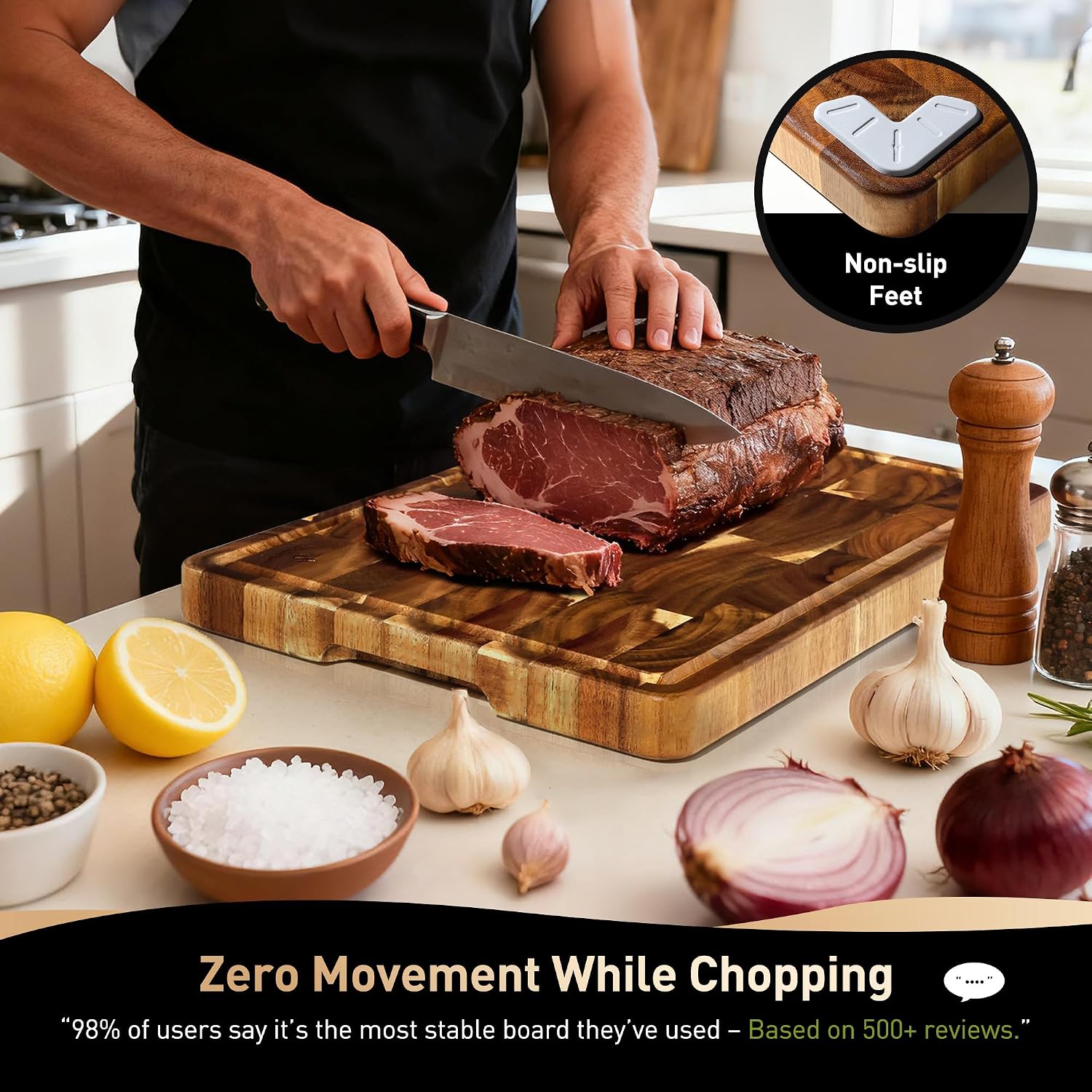 End Grain Cutting Board for Kitchen with Non-slip Feet, Acacia Wood Heavy Duty Checkered Cutting Board Upgraded Chopping Board with Juice Groove & Handle Large Wooden Butcher Block with Gift Box - Image 2