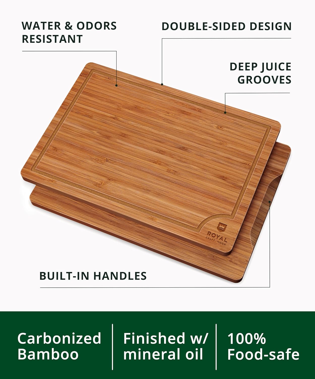 ROYAL CRAFT WOOD Wooden Cutting Boards for Kitchen Meal Prep & Serving - Non Toxic Bamboo Wood Cutting Board Set with Deep Juice Groove Side Handles - Charcuterie & Chopping Butcher Block for Meat - Image 3