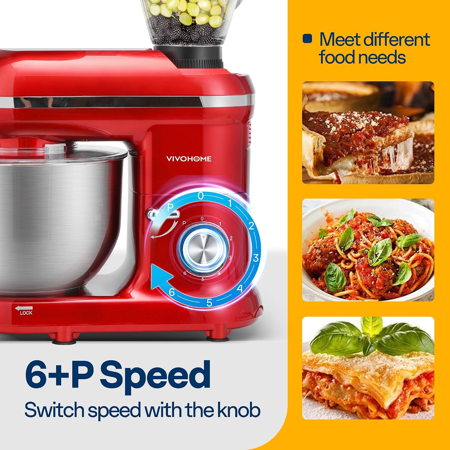 VIVOHOME 3-in-1 Stand Mixer, 6 Quart Electric Tilt-Head Kitchen Mixer with Bowl, Multifunctional Food Mixer with Meat Grinder and Blender Attachments, Dough Hook, Beater, and Whisk, Red - Image 6