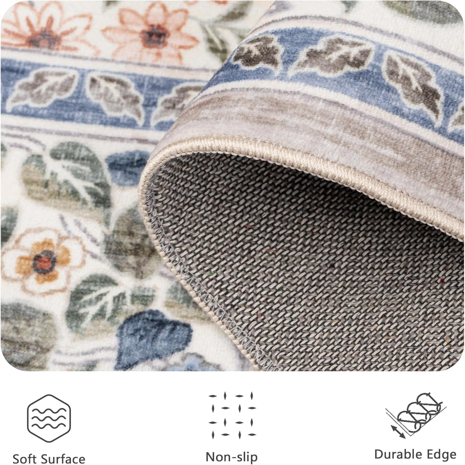 8x10 Area Rugs, Machine Washable Low Pile Floral Rugs for Living Room, Bedroom, Large Boho Area Rug with Non-Slip Backing for Dining Room(Beige Floral) - Image 7