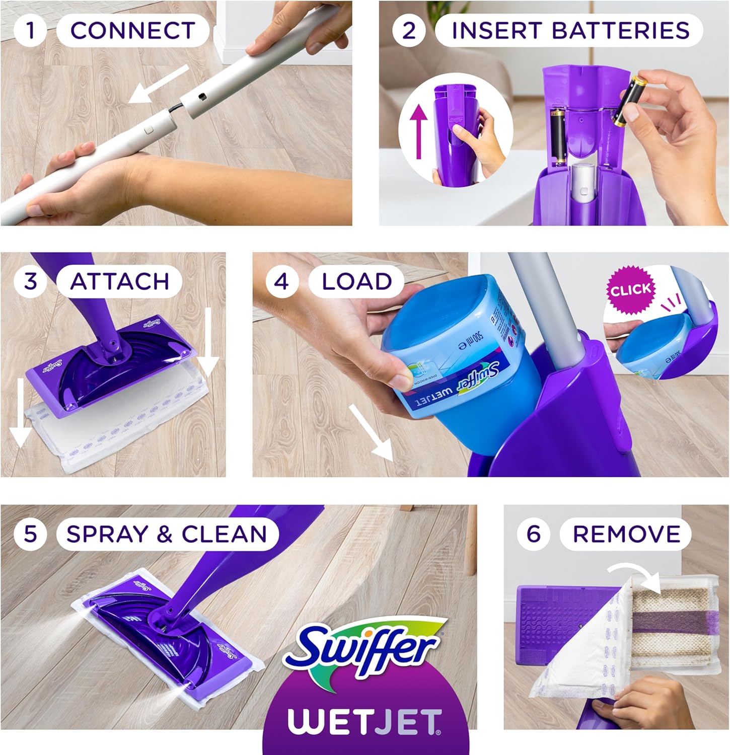 Swiffer WetJet Hardwood and Floor Spray Mop Cleaner Starter Kit, Includes: 1 Power Mop, 10 Pads, Cleaning Solution, Batteries - Image 7