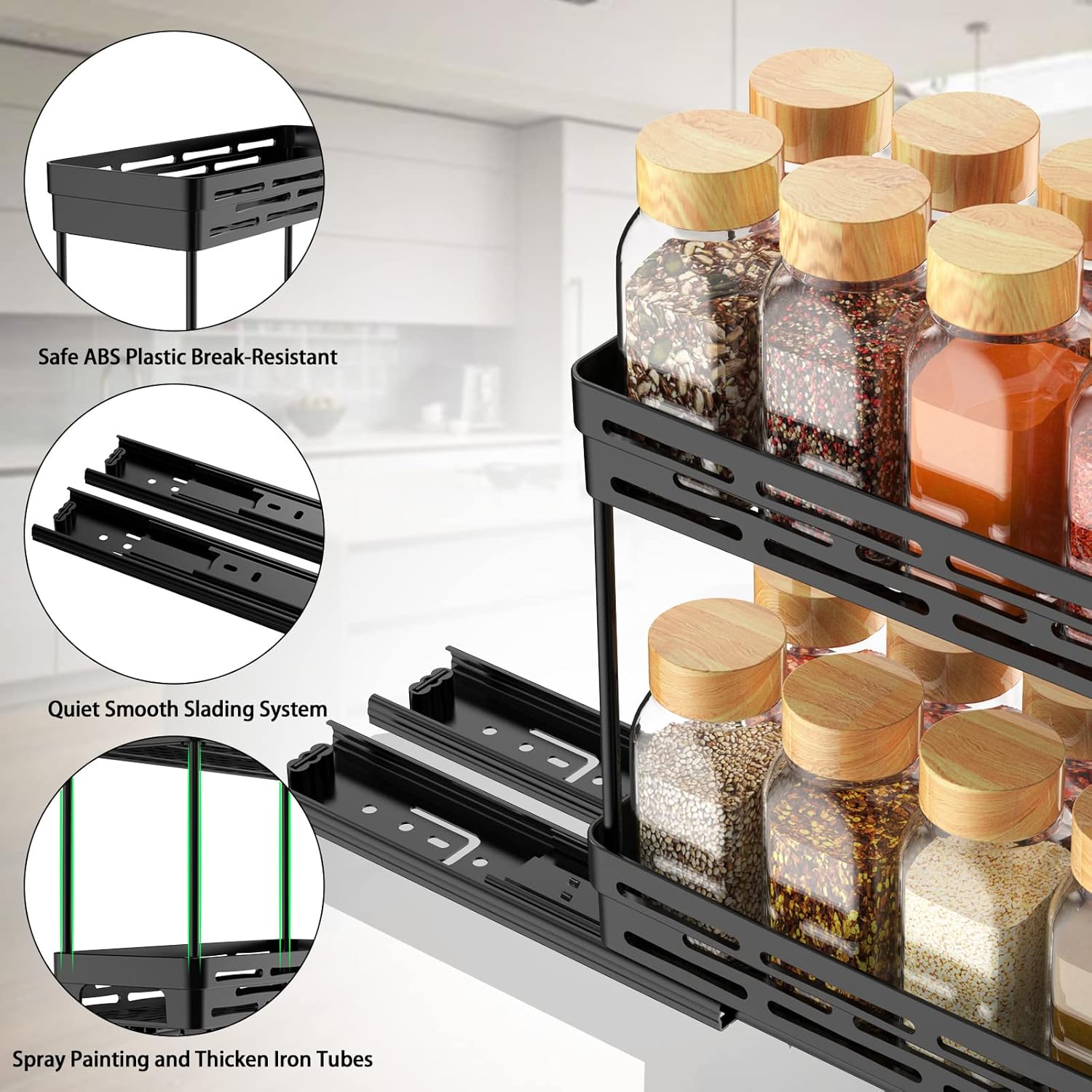 Pull Out Spice Rack Organizer for Cabinet, 3 Packs Slide Out Spice Racks Organizer, Spice Cabinet Organizers, Cabinet Size Need:12'' Highx11'' Deepx5'' Wide,Each Tier Hold 10 Spice Jar - 2 Tier, Black - Image 7