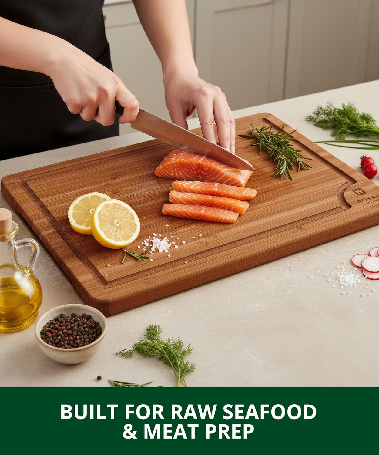 ROYAL CRAFT WOOD Wooden Cutting Boards for Kitchen Meal Prep & Serving - Non Toxic Bamboo Wood Cutting Board Set with Deep Juice Groove Side Handles - Charcuterie & Chopping Butcher Block for Meat - Image 8