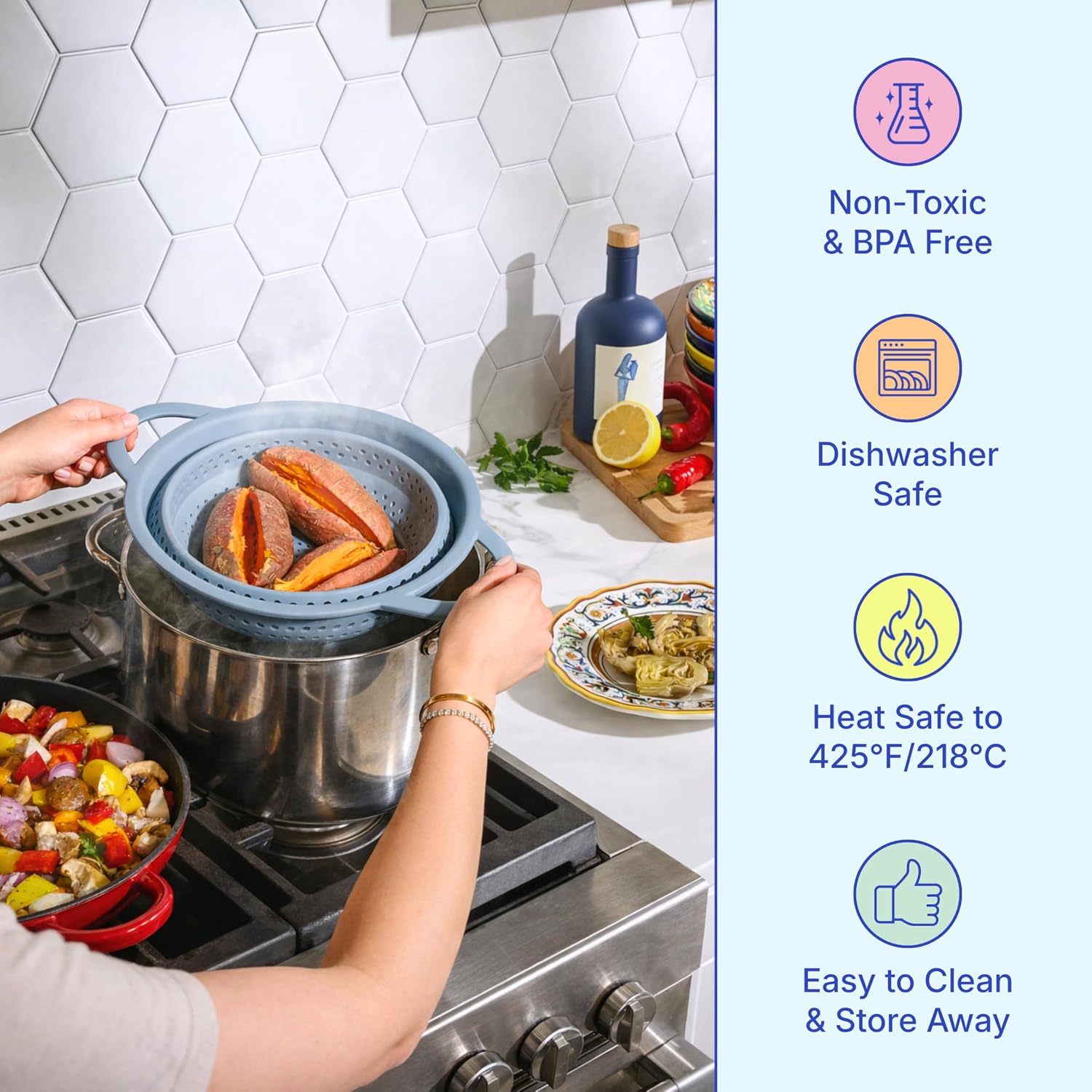 GIR Collapsible Colander for Kitchen, Silicone Strainer and Steamer, BPA-Free, Heat-Resistant, Space-Saving Collapsible Strainer with Stainless Steel Rim, Dishwasher Safe - Slate - Image 4