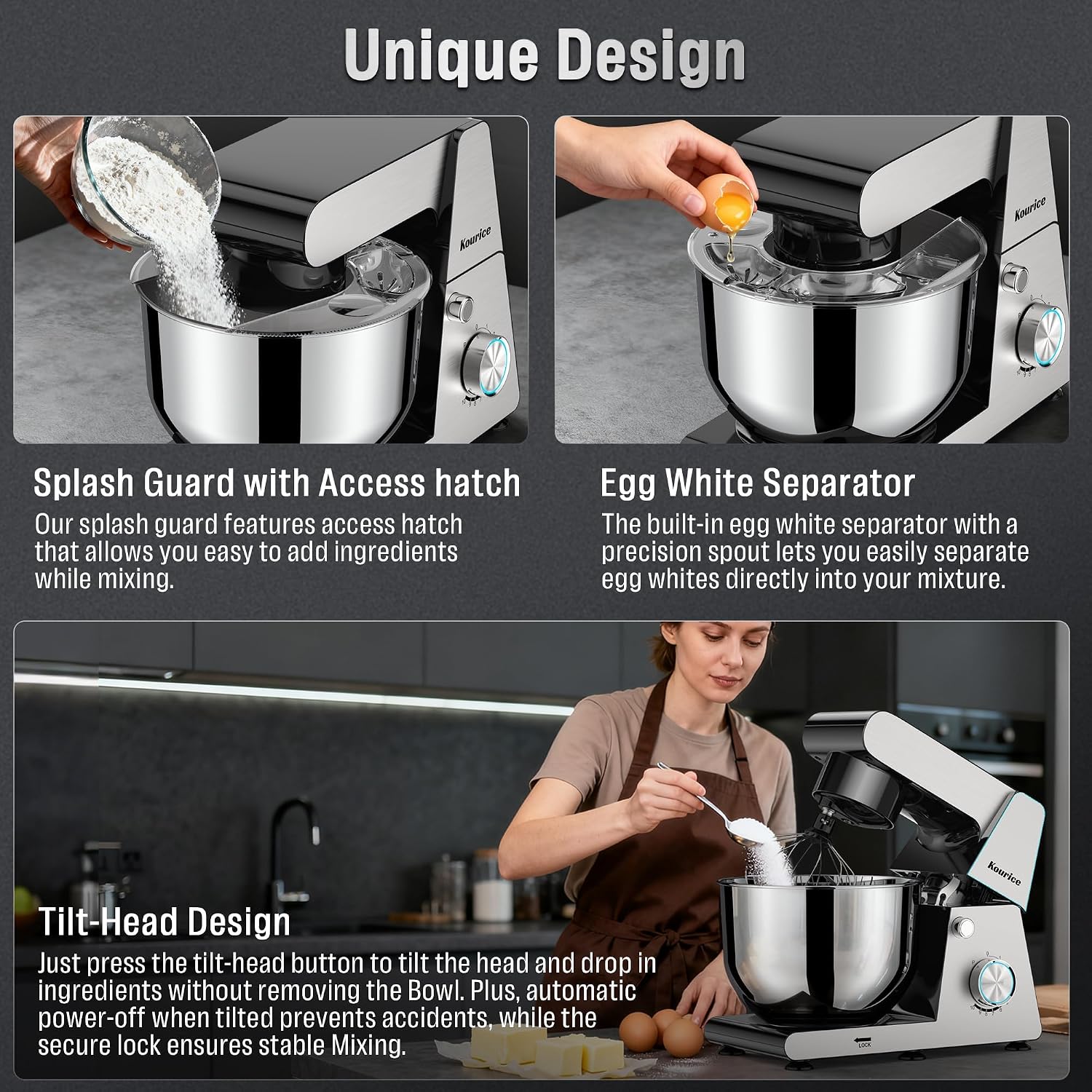 6.5QT Tilt-Head Stand Mixer, Heavy Duty Pro 10-Speed Electric Mixer, Stainless Steel Cladding & Bowl with Dough Hook, Wire Whisk and Flat Beater for Home Baking, Bread, Cake, Pizza Dough - Image 7