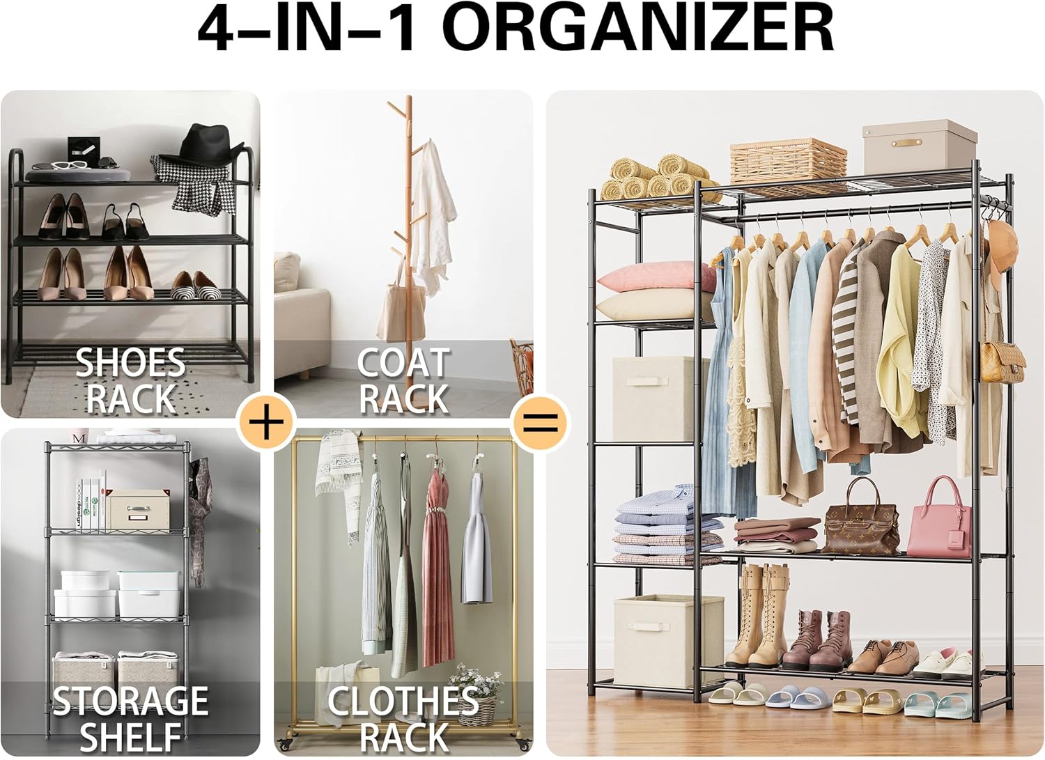 Wardrobe Closet,Portable Clothes Rack with 4 Tiers Shelves,Freestanding Closet Organizers and Storage System with Hanging Rods,Steel Clothing Rack Suitable for Cloakrooms,Bedrooms,Entrances,etc.Black - Image 6