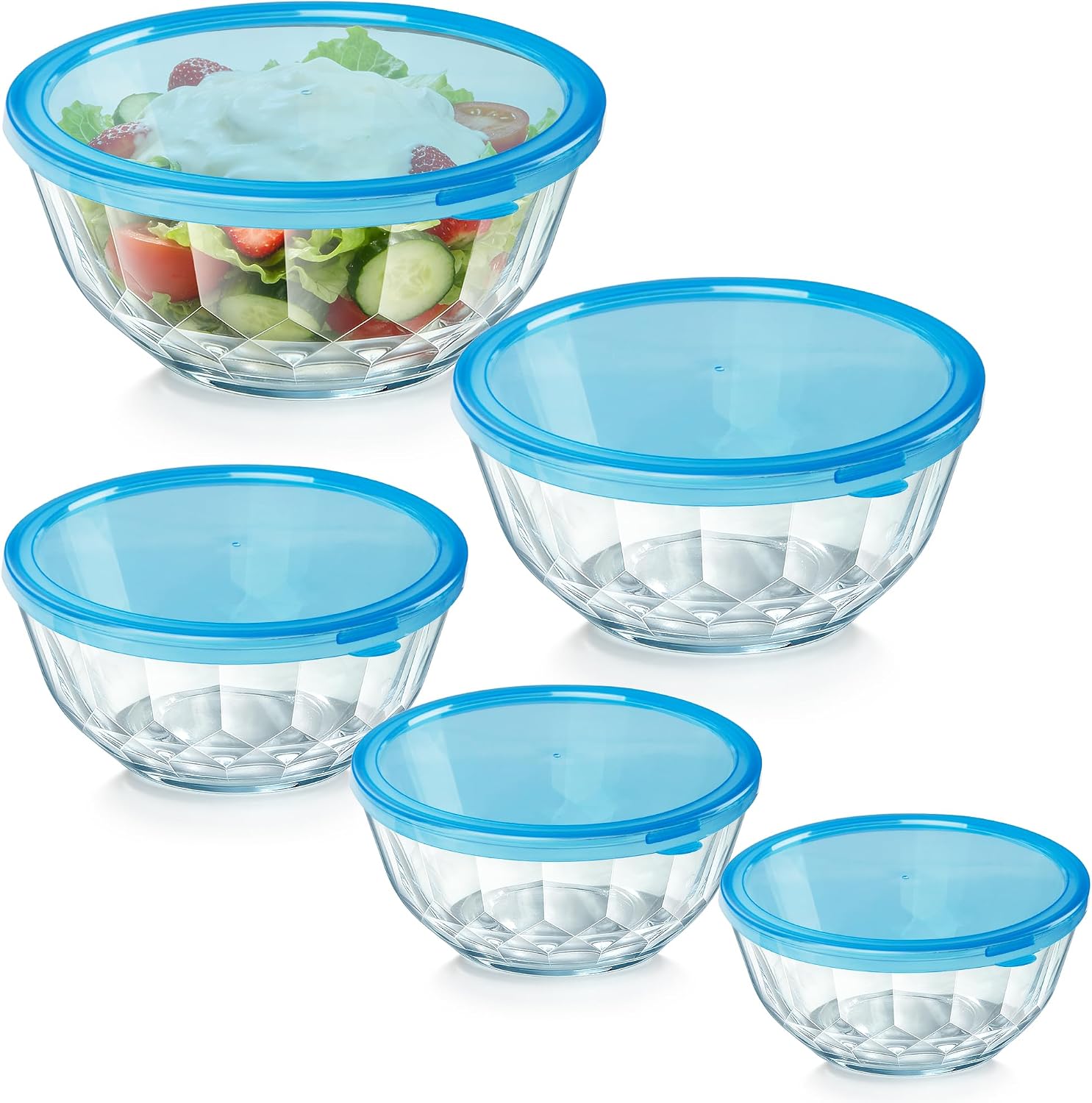 ENVTEK Thick Glass Mixing Bowls with Airtight Lids Set, 5-Piece Nesting Bowls for Baking & Meal Prep, BPA Free, Dishwasher Safe, 0.5/0.8/1.6/2.7/4.4 Quart - Blue - Image 9