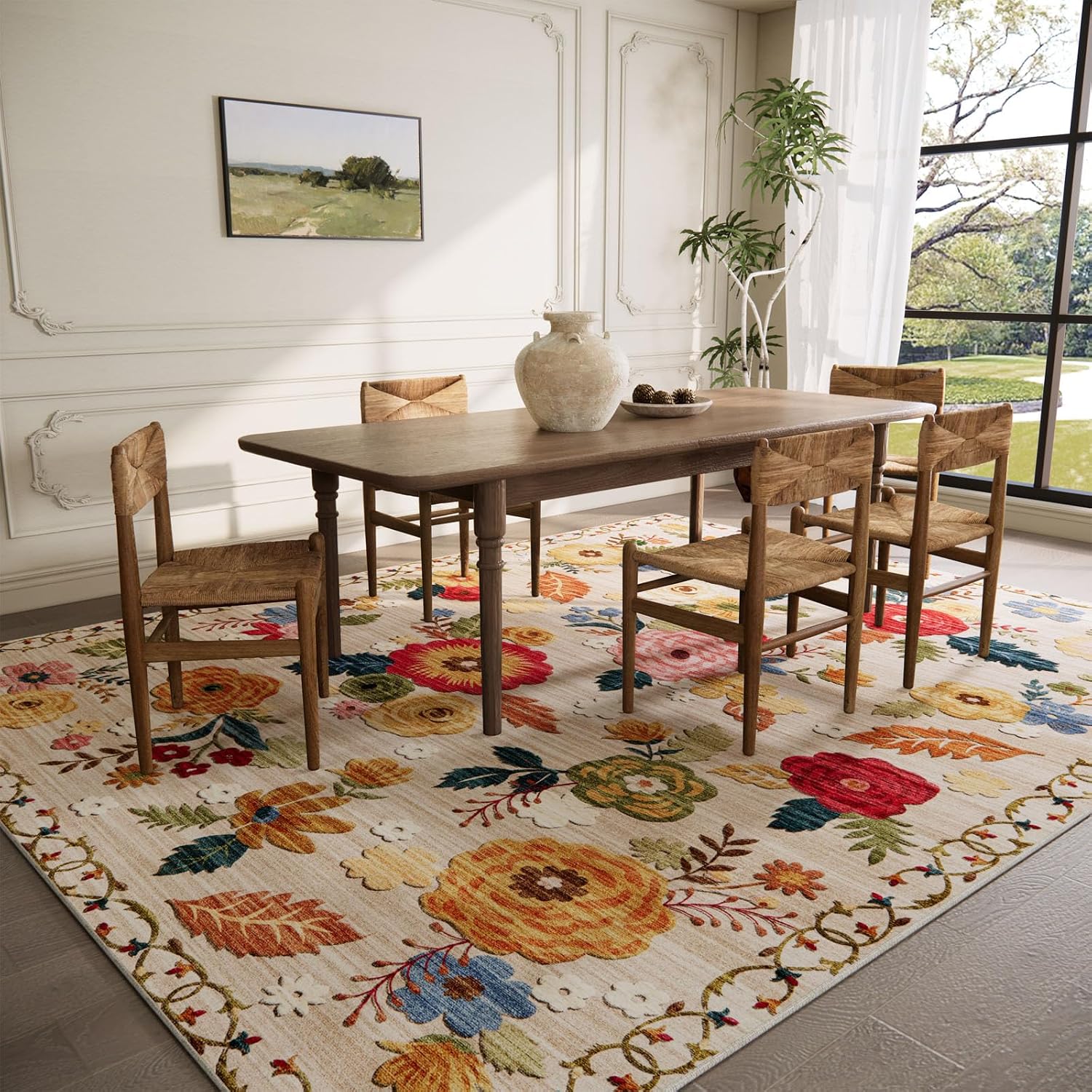 8x10 Area Rugs for Living Room: Washable Rug Non Slip Low Pile Soft Faux Wool Non Shedding Distressed Vintage Floral Large Area Rugs for Bedroom Dining Room Nursery Under Table Farmhouse Home Office - Image 2