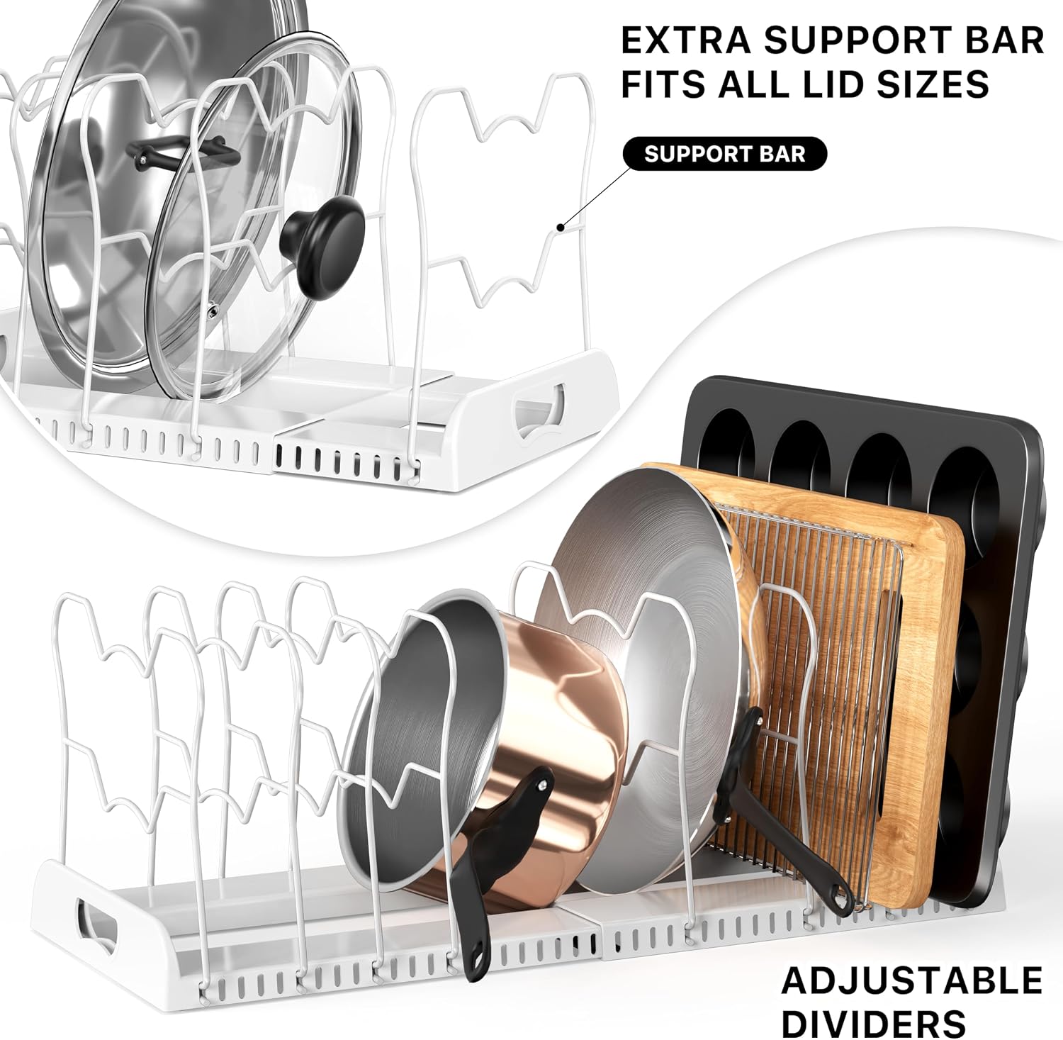 Simple Houseware Expandable Pan Organizer Rack, 10 Adjustable Compartments, White - Kitchen Cabinet Organizer for Pots, Pans, Lids & Bakeware - Pantry & Countertop Storage - Image 4