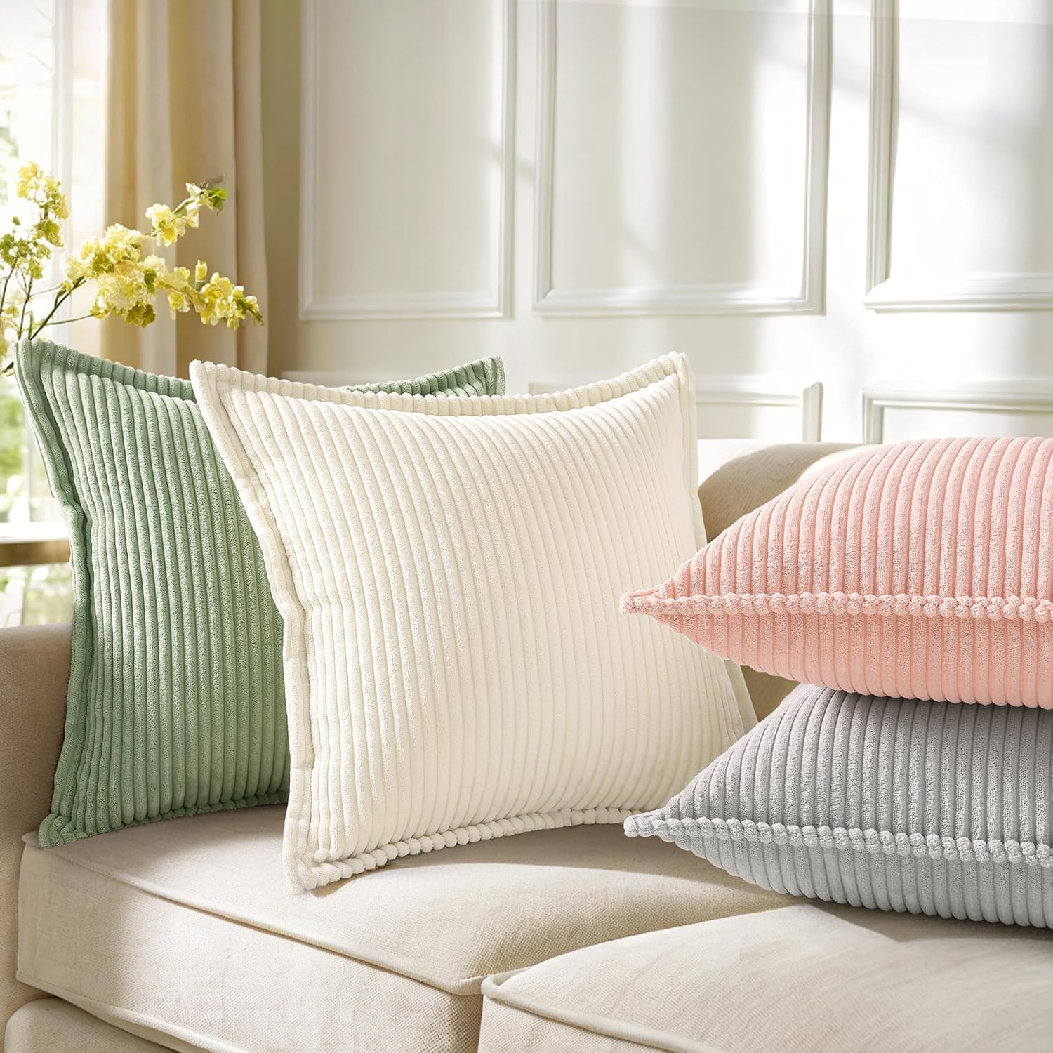 decorUhome Fall Corduroy Cream White Throw Pillow Covers 18x18 Set of 2 Decorative Soft Boho Farmhouse Couch Pillow Covers for Living Room Bed Sofa Broadside Striped Pillow Cases - Image 7