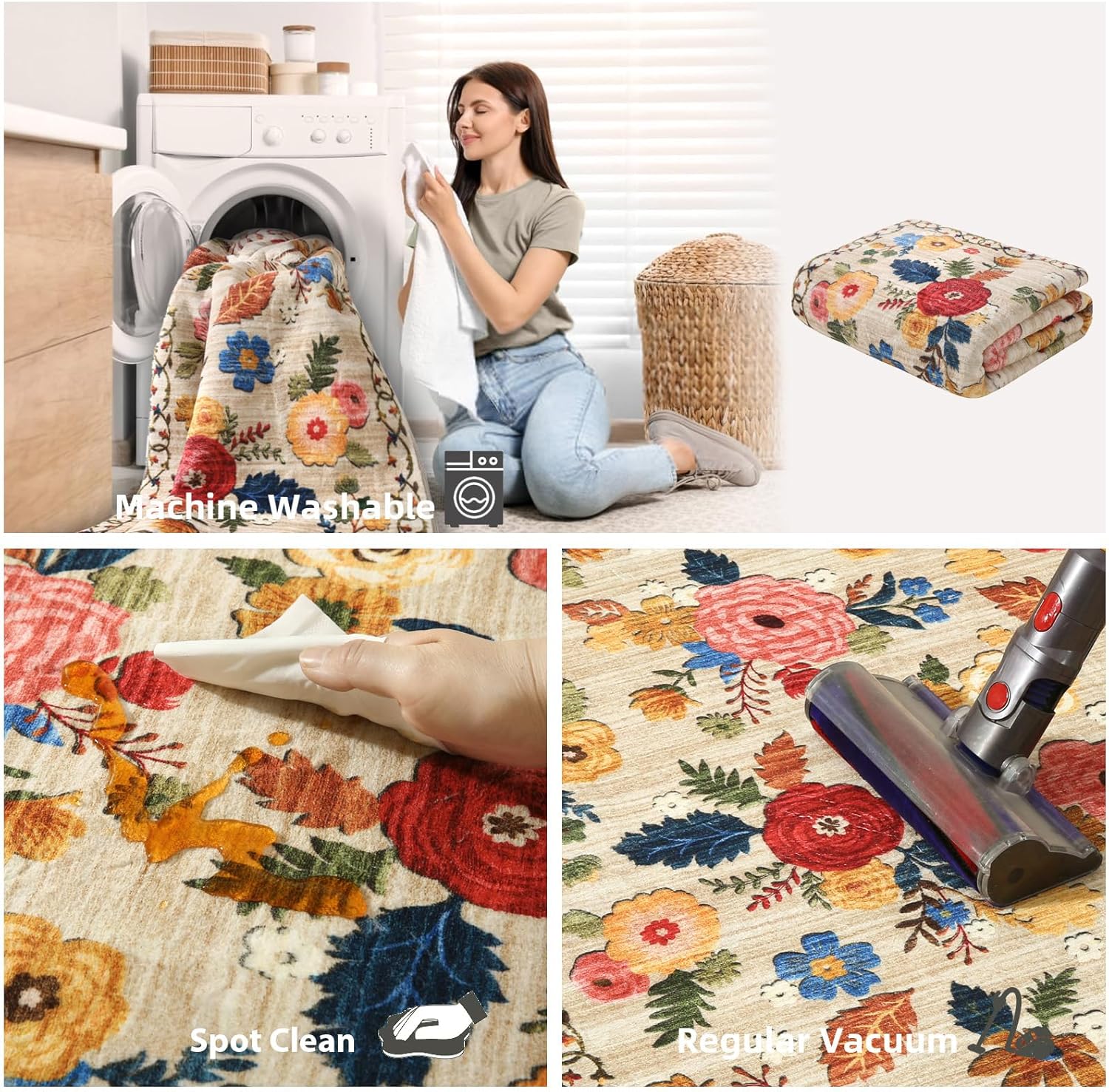 8x10 Area Rugs for Living Room: Washable Rug Non Slip Low Pile Soft Faux Wool Non Shedding Distressed Vintage Floral Large Area Rugs for Bedroom Dining Room Nursery Under Table Farmhouse Home Office - Image 5