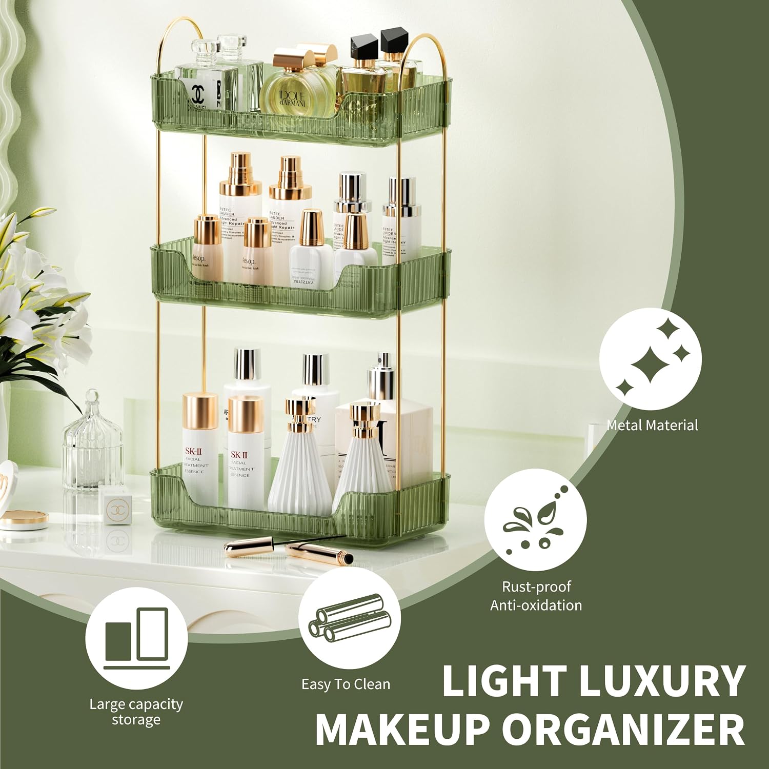 Akinbas 3 Tier Bathroom Organizer Countertop Makeup Perfume Tray Skincare Organizer for Bathroom Dresser Vanity (Green) - Image 3