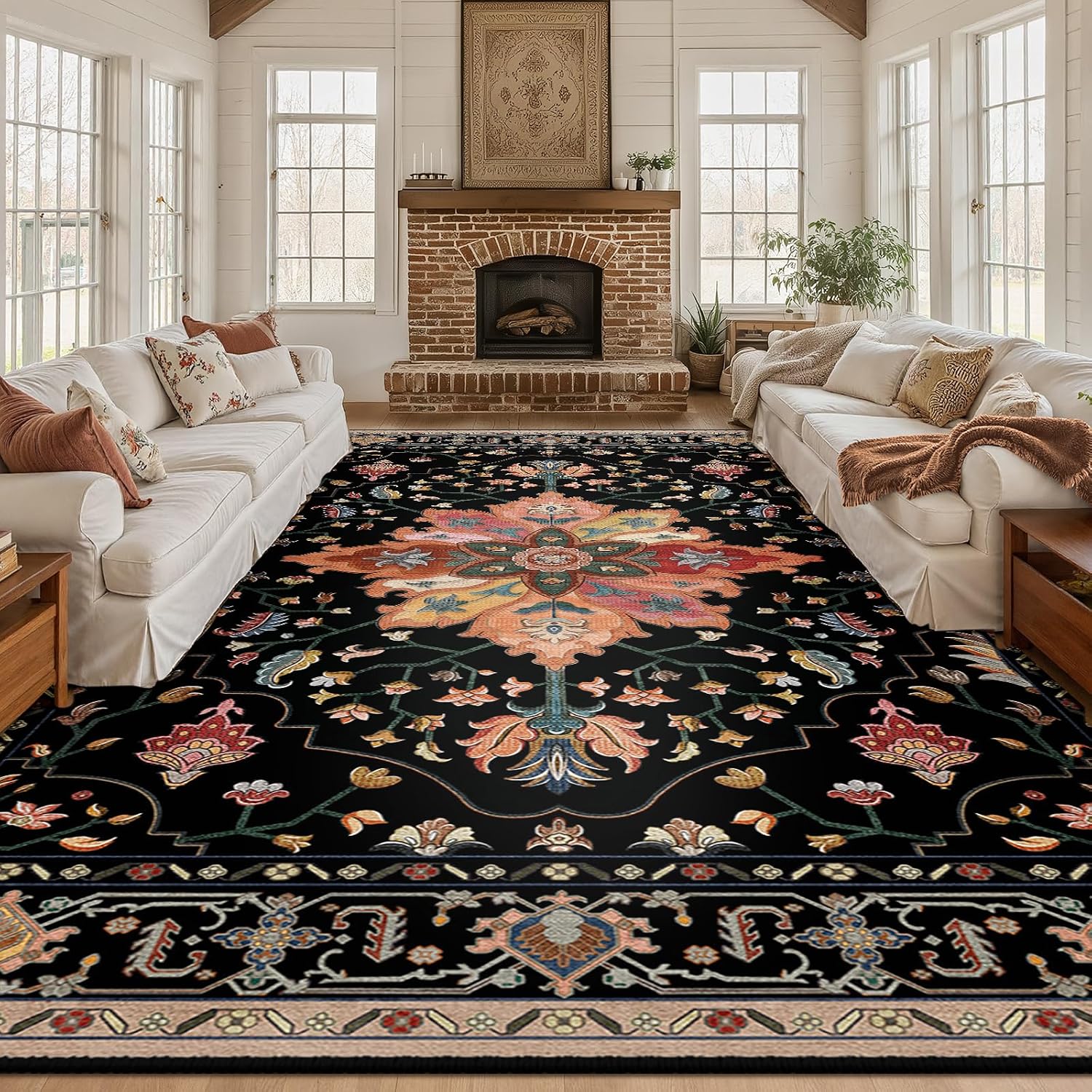 RELEANY Area Rugs Large 10'x12' Washable Non-Slip, Floral Vintage Distress Medallion Carpet for Living Room Bedroom Dining Room, Black Colorful Floral Dark Tan