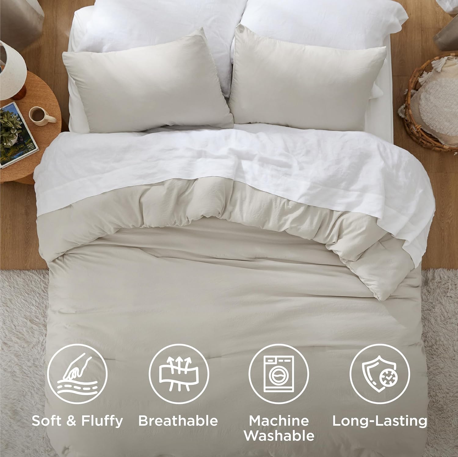Bedsure King Comforter Set, Beige Soft Prewashed Bedding for All Seasons, 3 Pieces GentleSoft™ Bed Set, 1 Lightweight Comforter (104"x90") and 2 Pillowcases (20"x36") - Image 4