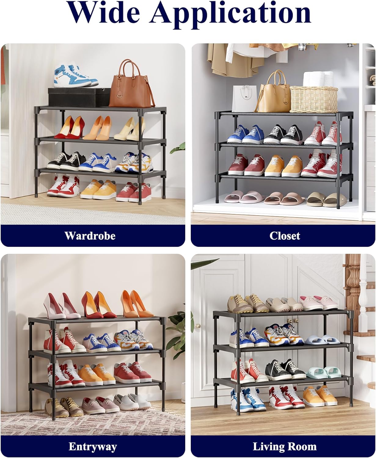 Kitsure Shoe Rack - Non-Woven Shoe Rack Shelf, Shoe Organizer for Closet, Entryway, Garage & Corridor, Stackable Shoe Shelves, 27.5" Wide - 3 Tier, Black - Image 9