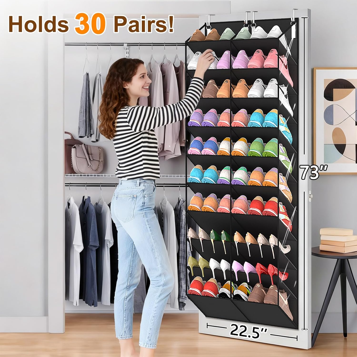 UVIAHOMI 20-30 Pairs Over the Door Shoe Organizer, Clear Pockets Hanging Shoe Storage for Closet, 10-Tier Door Shoes Rack, Handing Shoes Holder Fit All the Family's Sneakers, Boots, Heels, Black - Image 2
